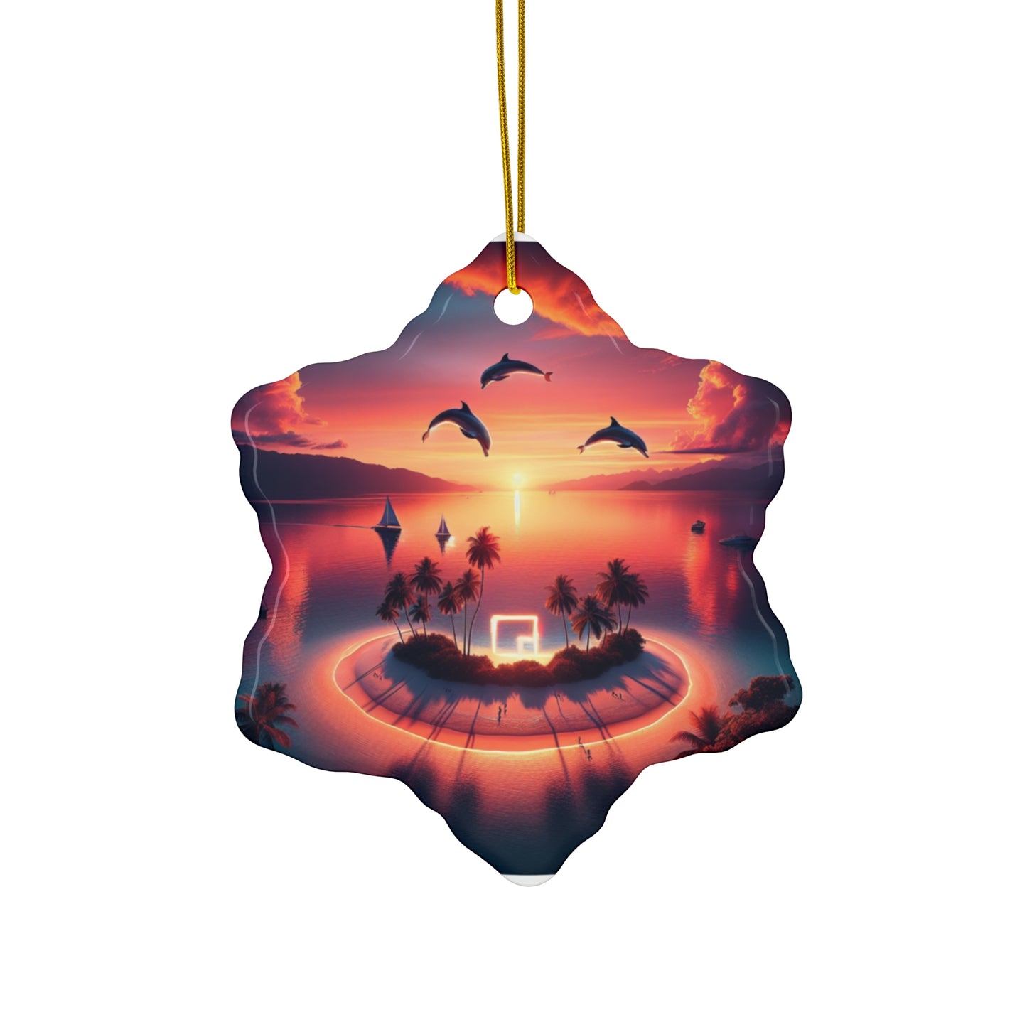 Ceramic Ornament Star, Heart, Snowflake or Circle 1111 "Paradise Twilight: A Journey Into Tropical Serenity" - Tropical Beach Sunset with Palm Trees, Dolphins, and Sailboats