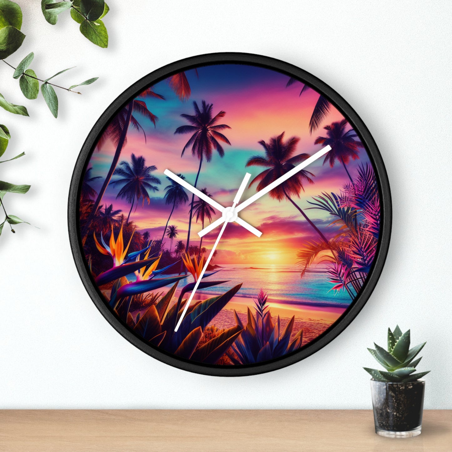 "Paradise Dusk: A Tropical Serenade" - Tropical Beach at Sunset 10" Wall Art Clock