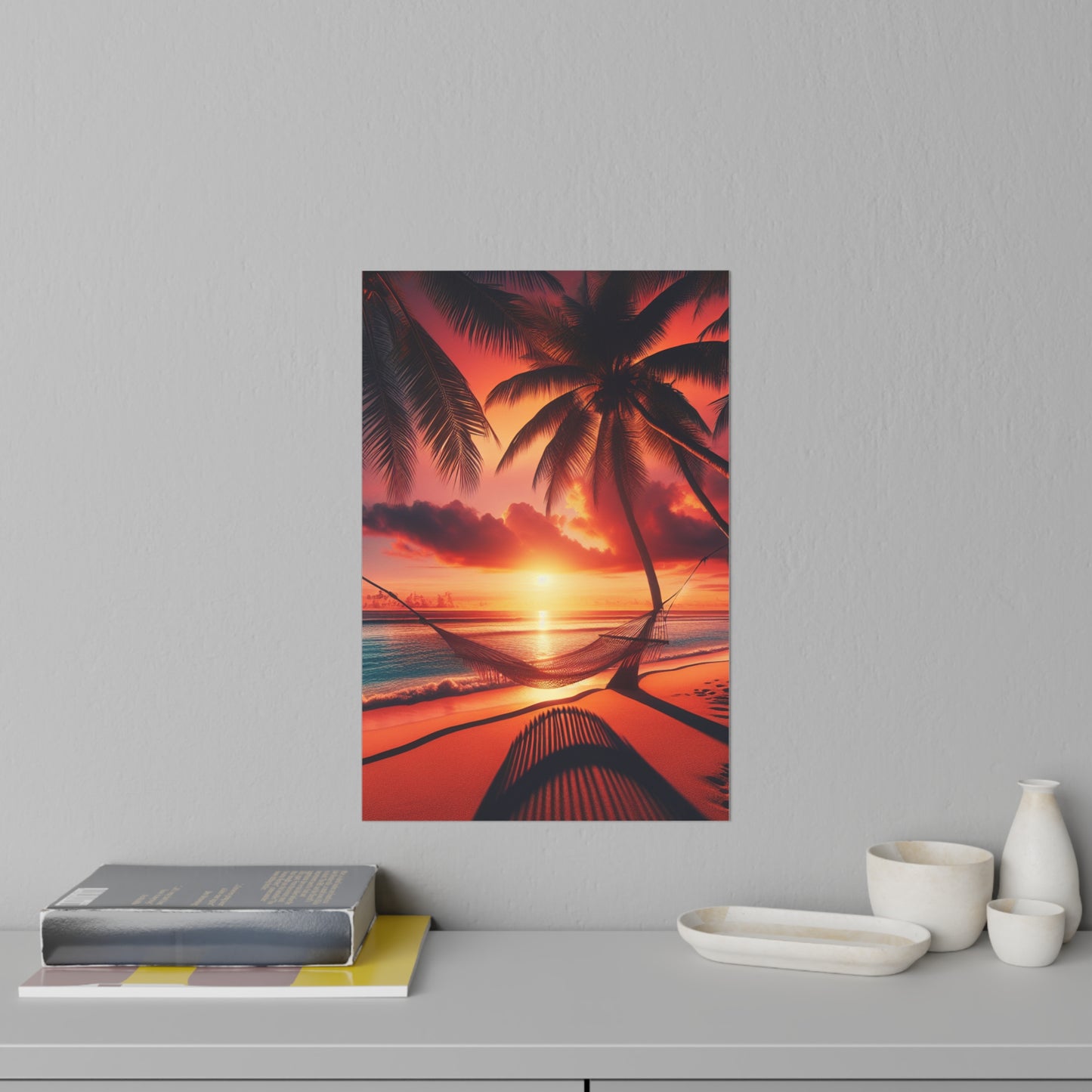 "Tropical Twilight Serenity: An Ode to Palm Paradises" - Tropical Beach at Sunset Repositionanable Wall Art