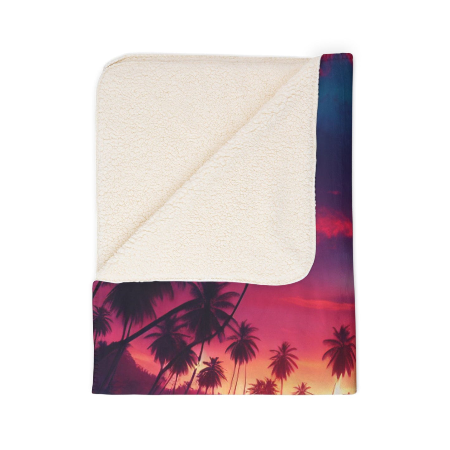 "Paradise Twilight: A Tropical Beach Symphony" - Sherpa Fleece Blanket with Tropical Beach Sunset and Palm Trees