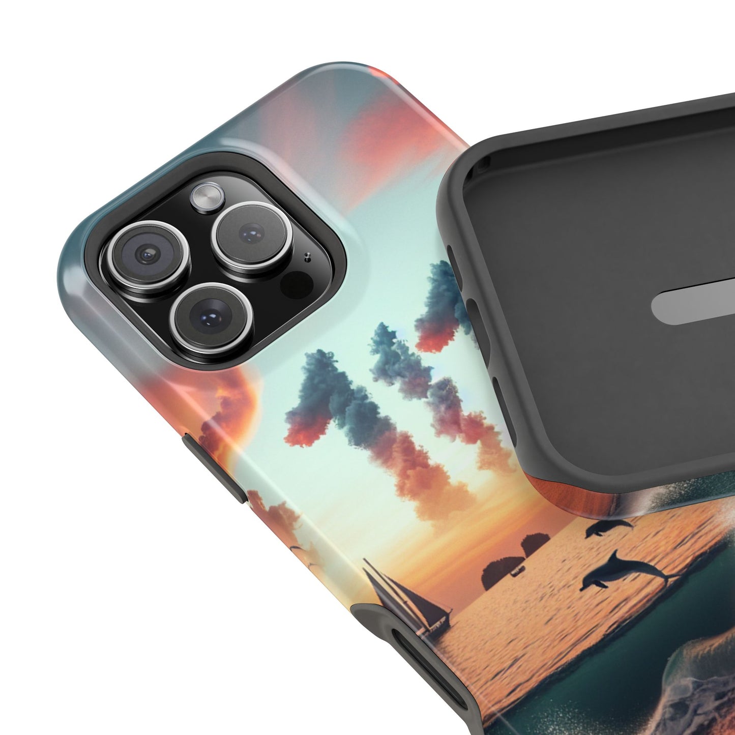 Magnetic Iphone 16 15 14 13 Pro and Max Angel number 1111 in the clouds "Sundrenched Serenity: A Tropical Twilight Symphony" - Tough Phone Case with Tropical Beach Sunset Dolphins ande Sailboats HD Art