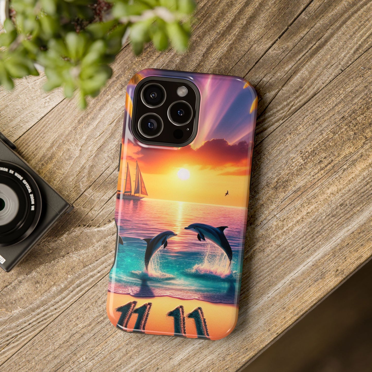 Magnetic Tough Phone case for phone 16 15 14 13 Pro Plus and Max 1111 "Sunset Serenity: A Tropical Paradise" - Tough Phone Case with Tropical Beach Sunset Dolphins ande Sailboats HD Art
