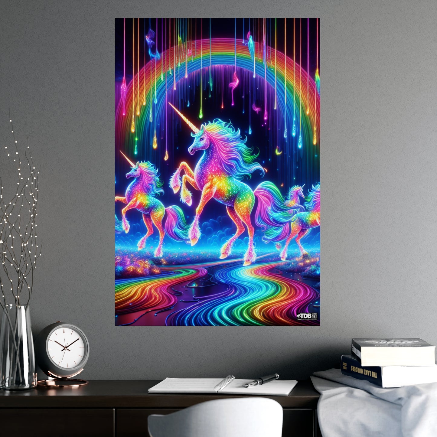 TDB Enchanting NEON Unicorns in Rainbows Vertical and Horizontal Matte Posters