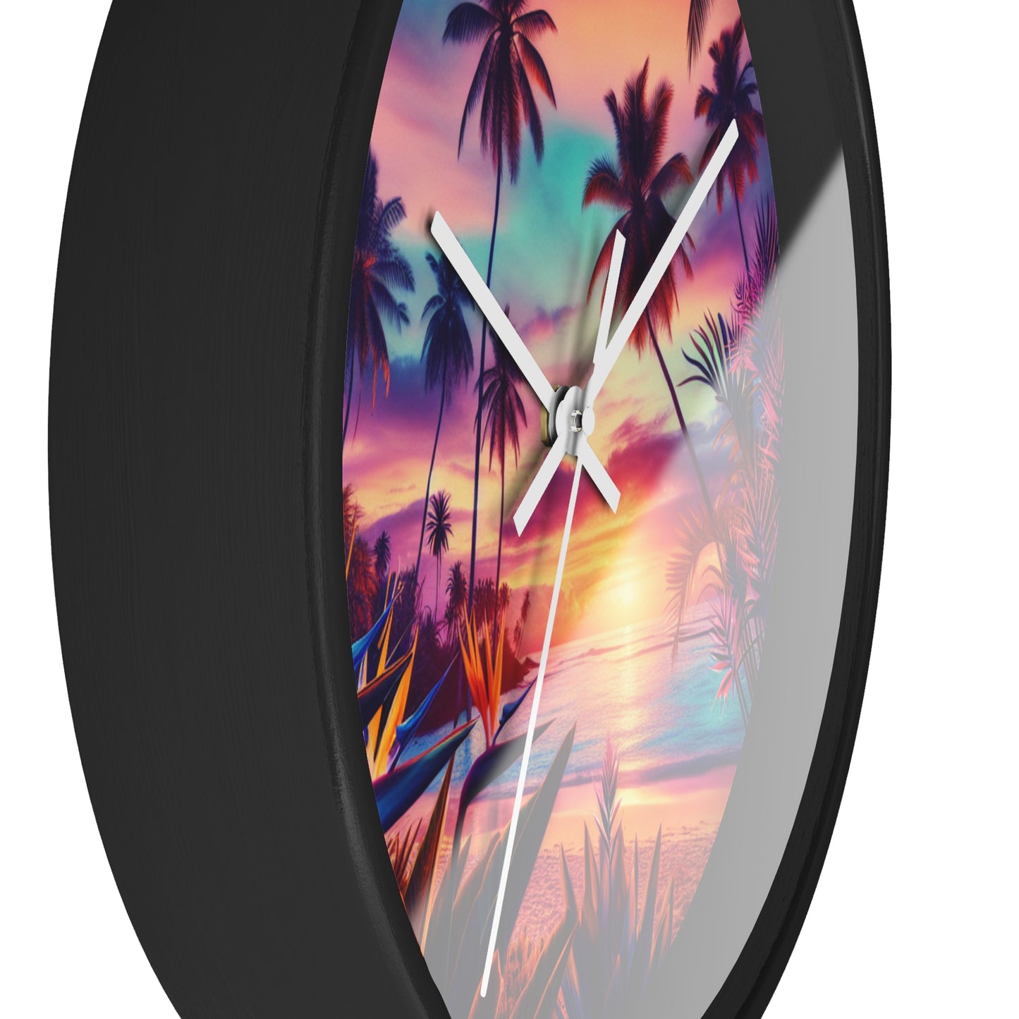 "Paradise Dusk: A Tropical Serenade" - Tropical Beach at Sunset 10" Wall Art Clock
