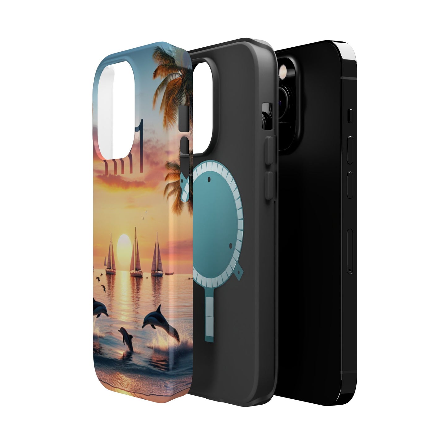 Magnetic Tough Phone case for phone 16 15 14 13 Pro Plus and Max 1111 "Sundrenched Solitude: A Tropical Twilight Tapestry" - Tough Phone Case with Tropical Beach Sunset Dolphins ande Sailboats HD Art