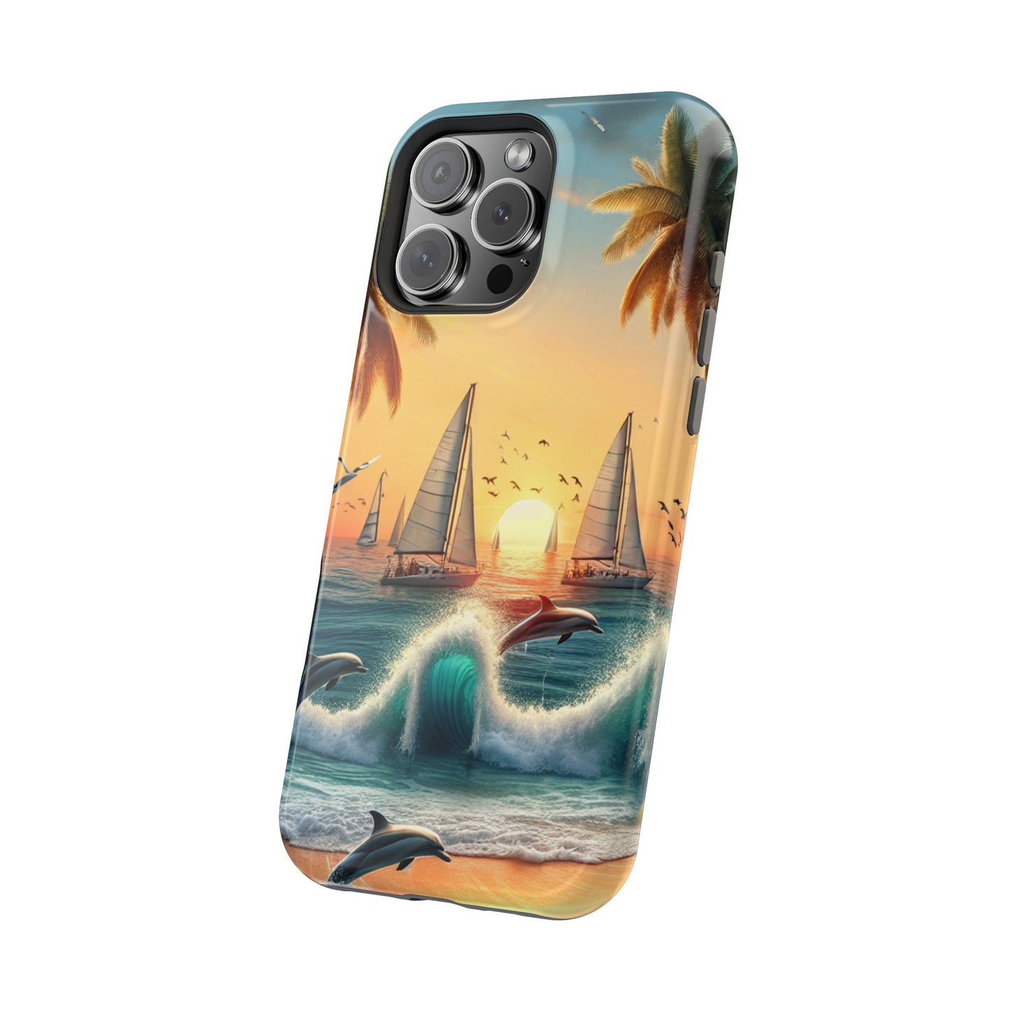 Phone Case, Magnetic Tough Cases, Sundrenched Serenity, Iphone 13-16 Pro Plus & Max, Beach Sunset Dolphins Sailboats HD Art,