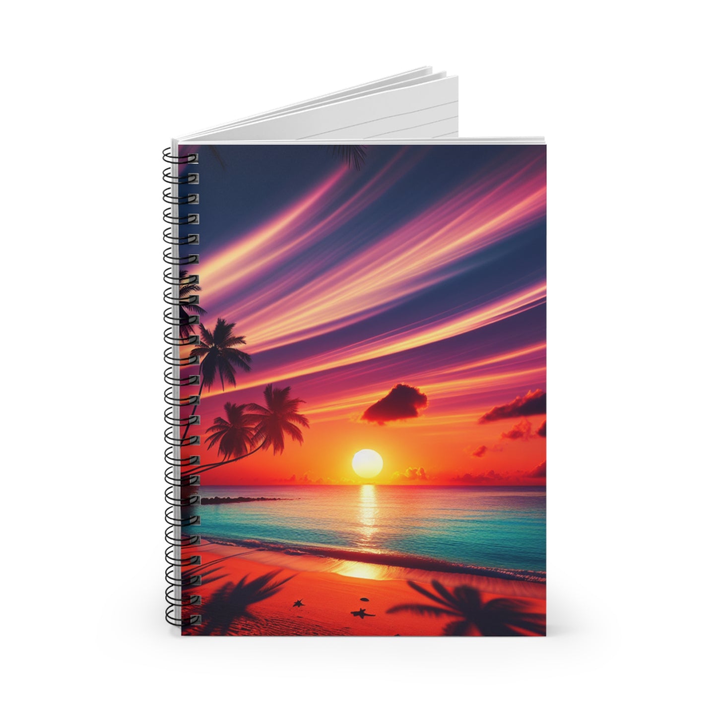 "Tropical Oasis: Sundown Serenity" - Spiral Notebook with Ruled Lines and Tropical Beach Sunset Palm Trees Art