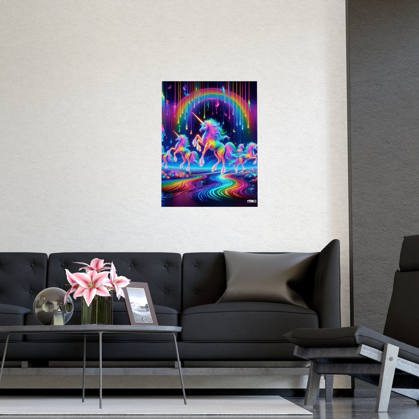 TDB Enchanting NEON Unicorns in Rainbows Vertical and Horizontal Matte Posters
