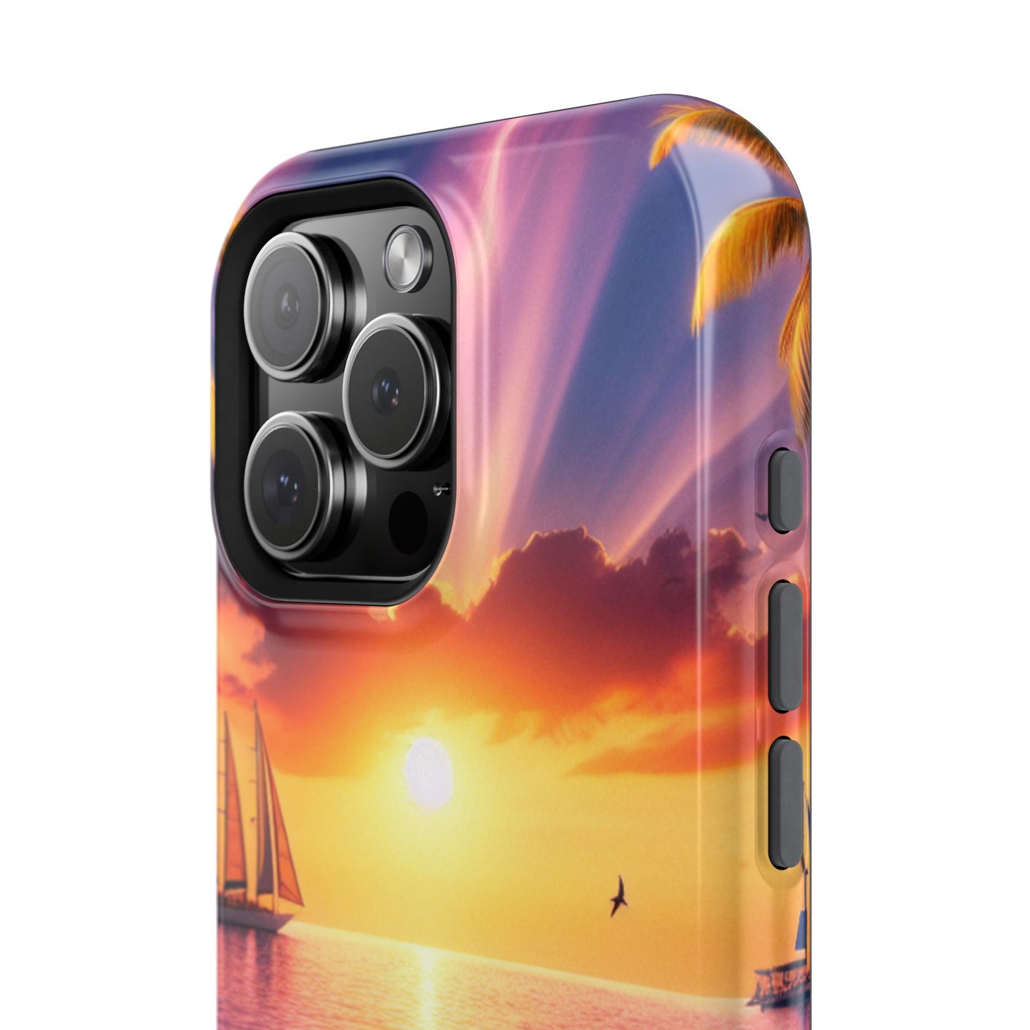 Magnetic Tough Phone case for phone 16 15 14 13 Pro Plus and Max 1111 "Sunset Serenity: A Tropical Paradise" - Tough Phone Case with Tropical Beach Sunset Dolphins ande Sailboats HD Art