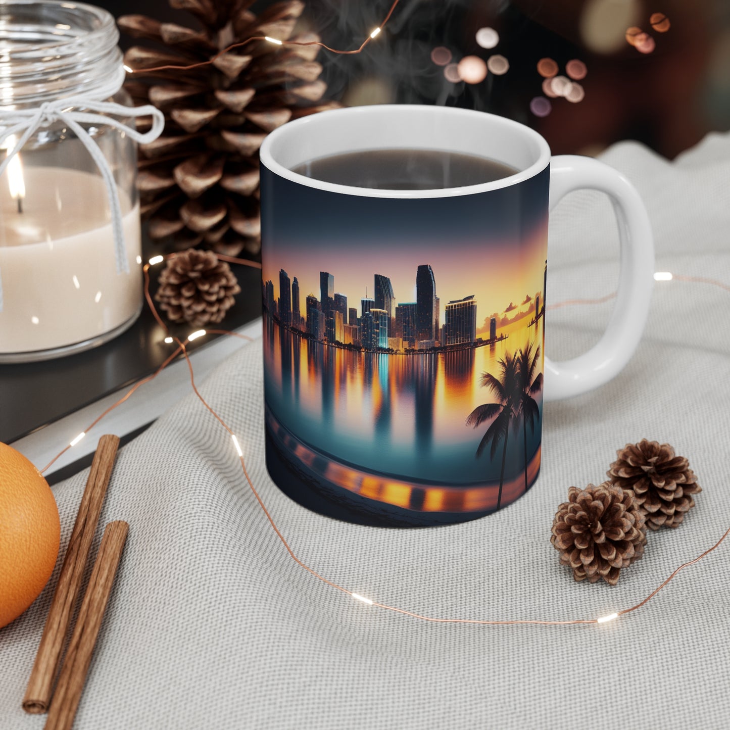 Miami Beach Ocean and City Lights Mirror Reflection at Sunset Art Mug 11oz