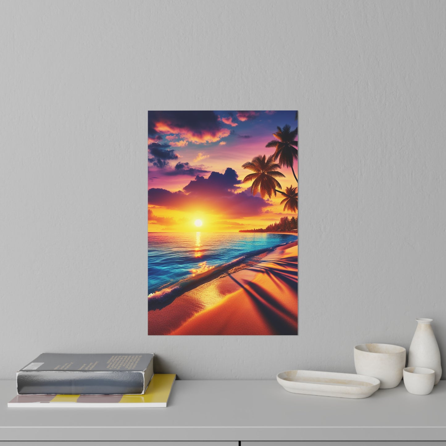"Sunkissed Serenity: A Lush Paradise Encore" - Tropical Beach at Sunset Repositionanable Wall Art
