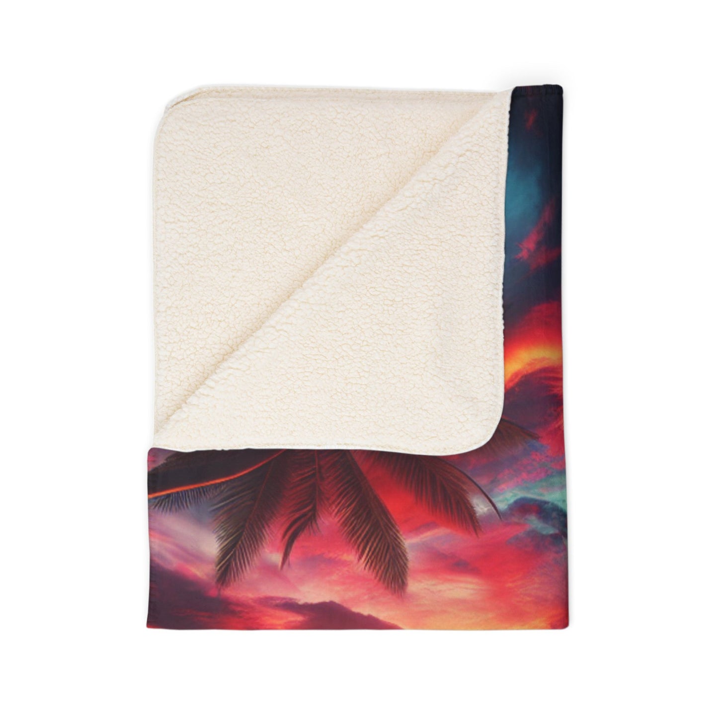 "Island Serenity: A Tropical Sunset Symphony" - Sherpa Fleece Blanket with Tropical Beach Sunset and Palm Trees