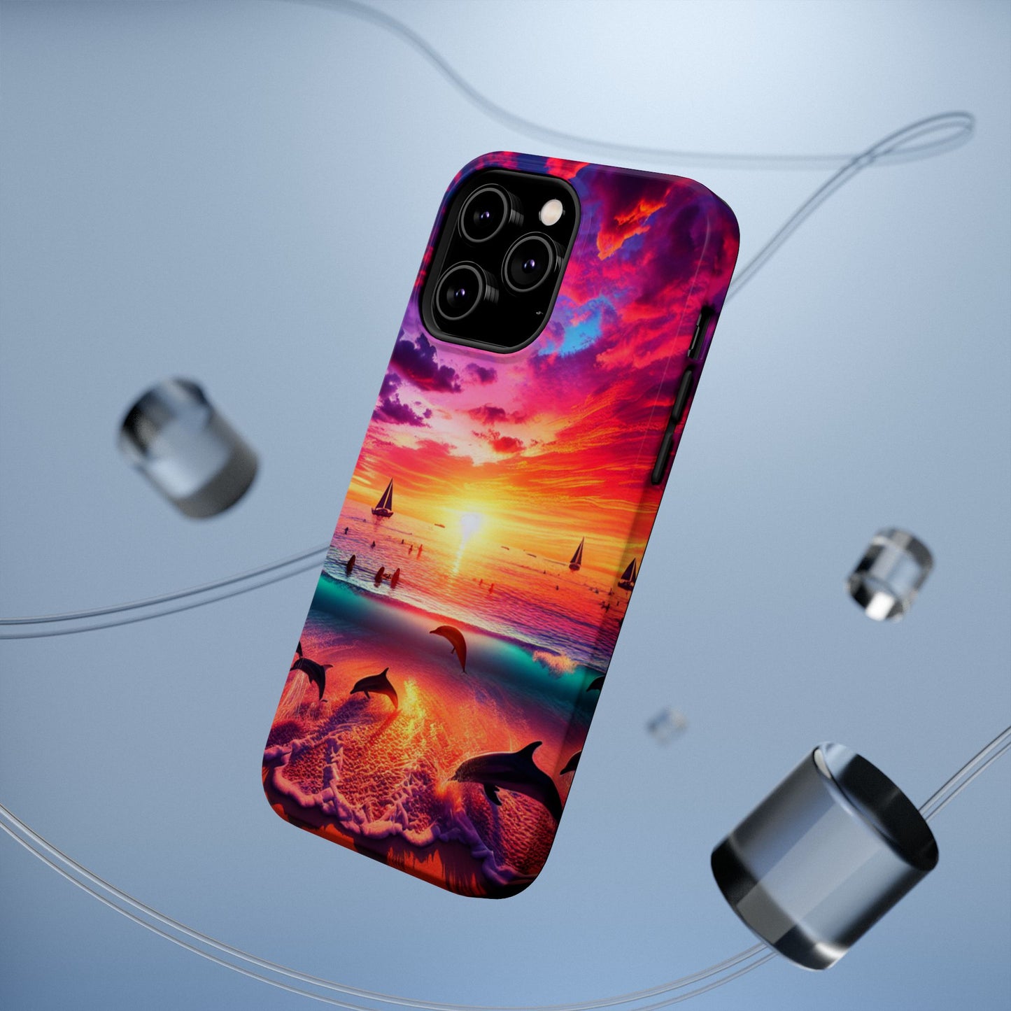 Magnetic Tough Phone case for phone 16 15 14 13 1111 "Paradise Dusk: An Enchanting Tropical Display" - Tough Phone Case with Tropical Beach Sunset Dolphins ande Sailboats HD Art