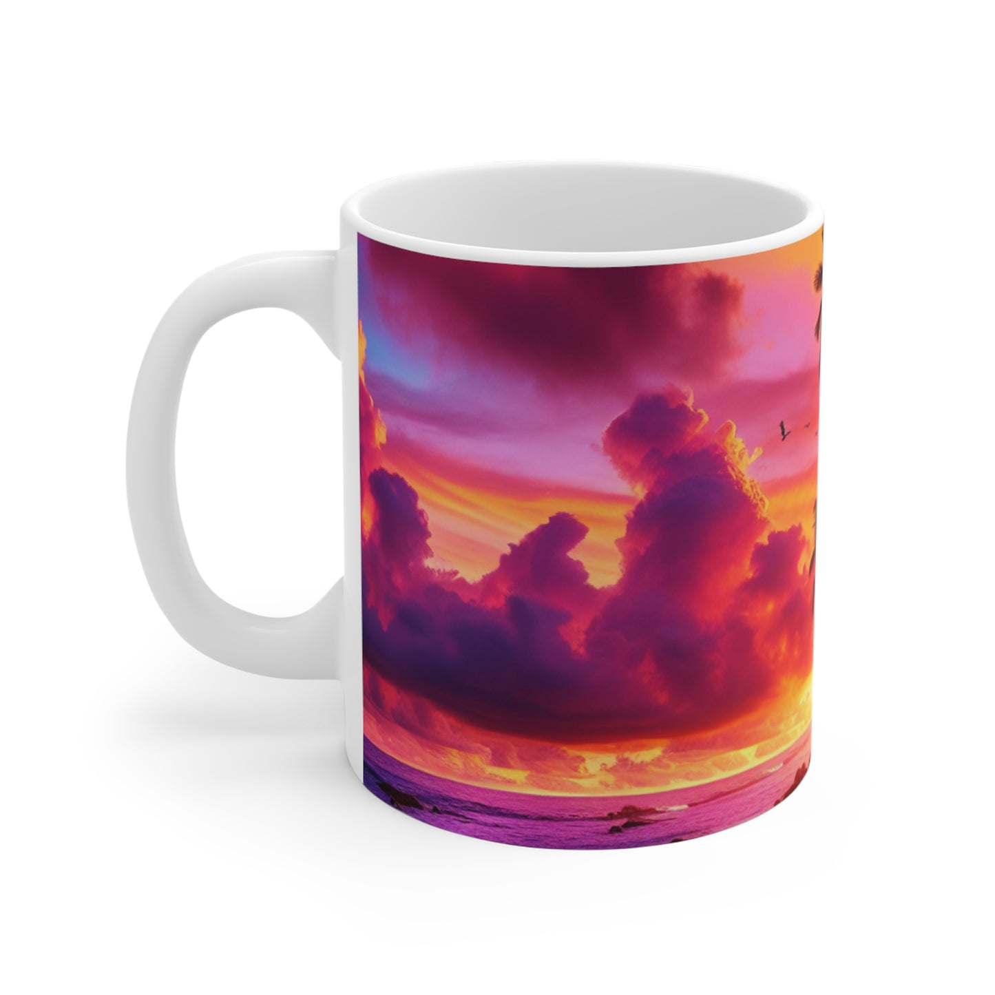 "Tropical Dusk Serenade" - Tropical Beach Sunset with Palm Trees 11oz White Mugs