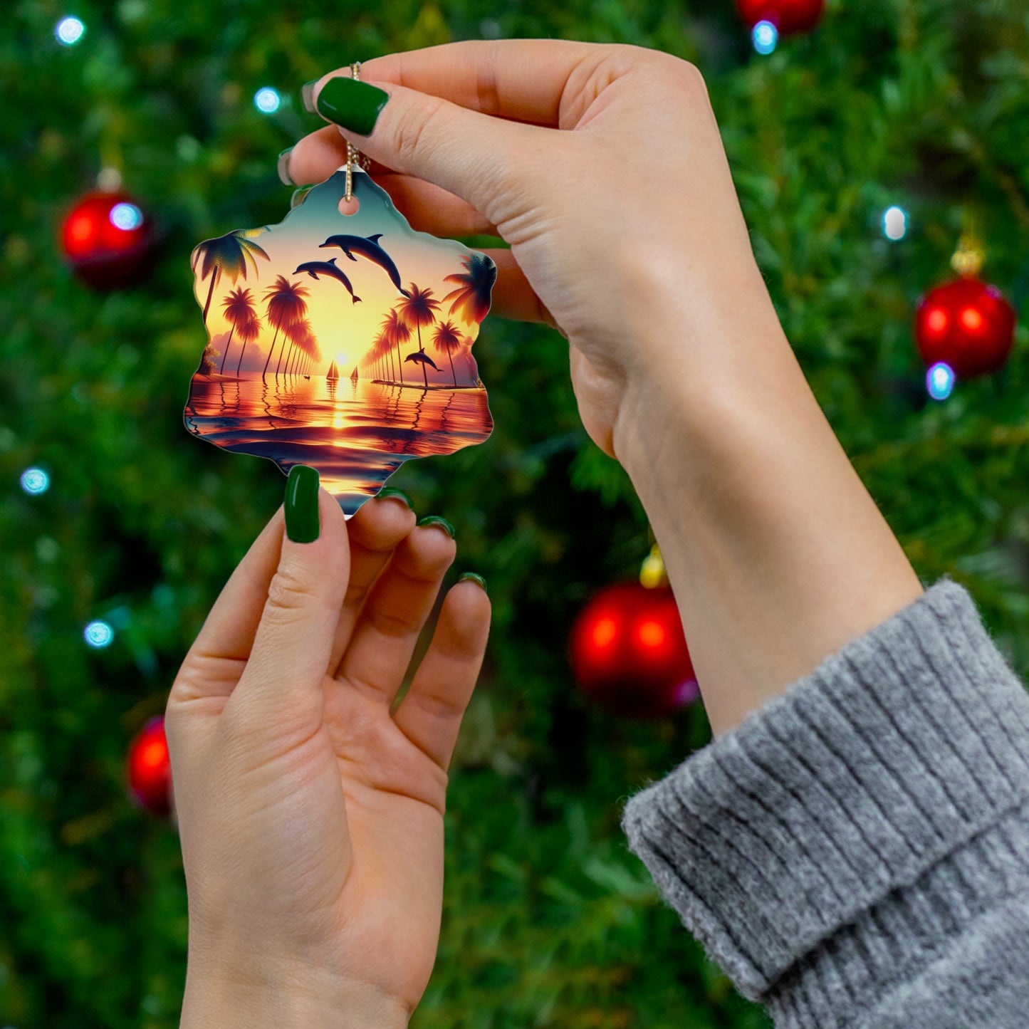 Ceramic Ornament, Tropical Beach Sunset, Star, Heart, Snowflake, Circle, Christmas Decor, Holiday Gift, Home Decor