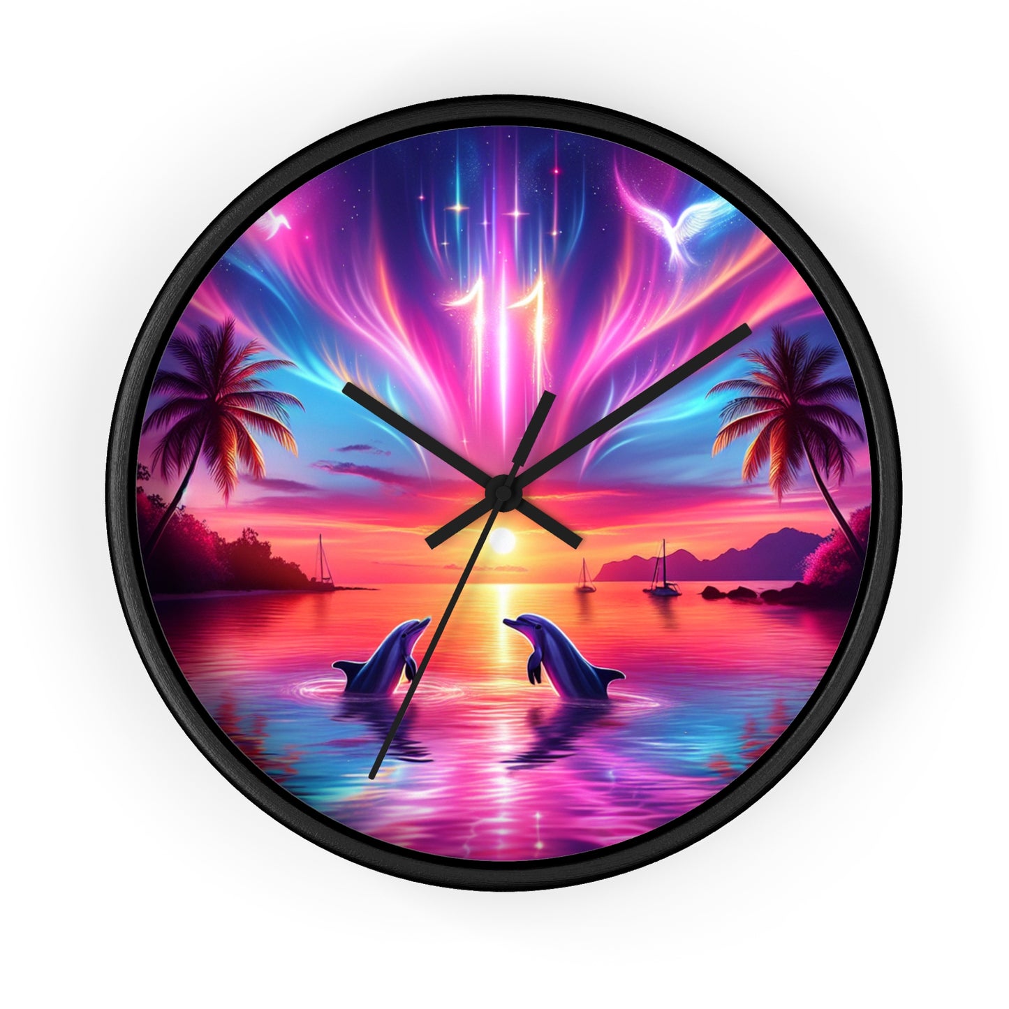 10" Wall Clock "Dolphin Dusk: An Enchanting Tropical Twilight" - 1111 Tropical Beach at Sunset with Palm Trees, Dolphins, and Sailboats