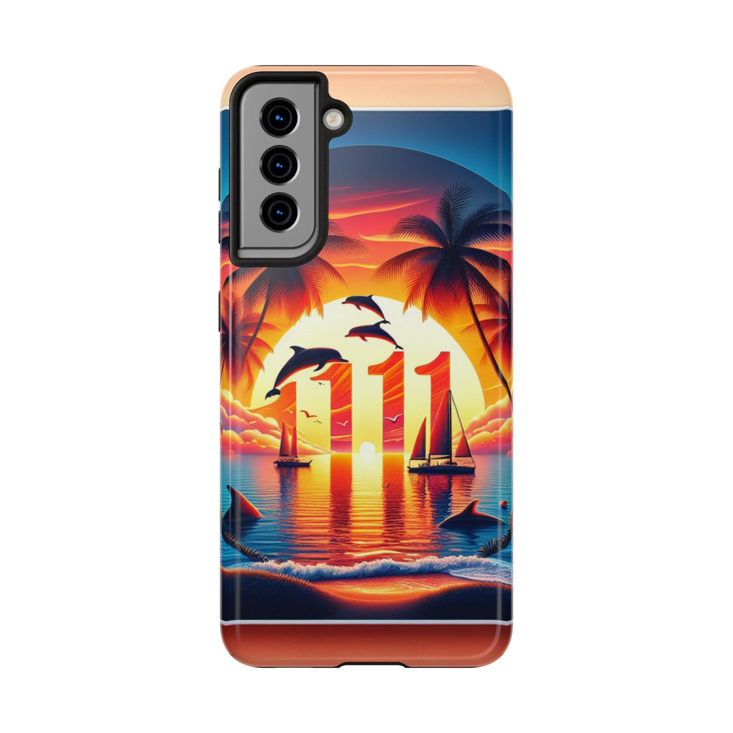 Samsung Galaxy S24 S23 S22 S21 Tough Phone Case "Serene Sundown: A Tropical Tapestry" - 1111 Tropical Beach Palm Trees, Dolphins, and Sailboats Art