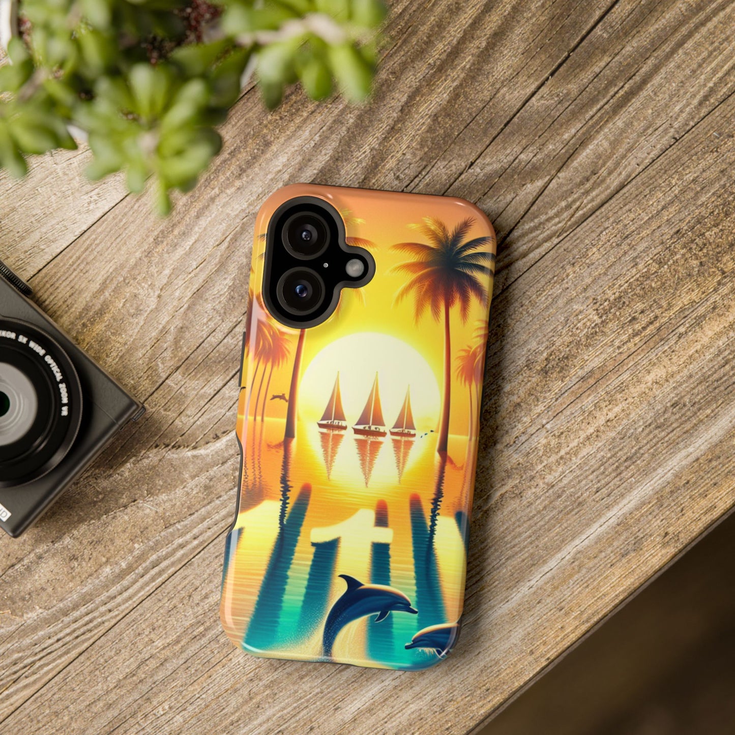 Magnetic Tough Phone case for phone 16 15 14 13 Pro Plus and Max 1111 "Sundrenched Serenity: A Tropical Twilight Masterpiece" - Tough Phone Case with Tropical Beach Sunset Dolphins ande Sailboats HD Art