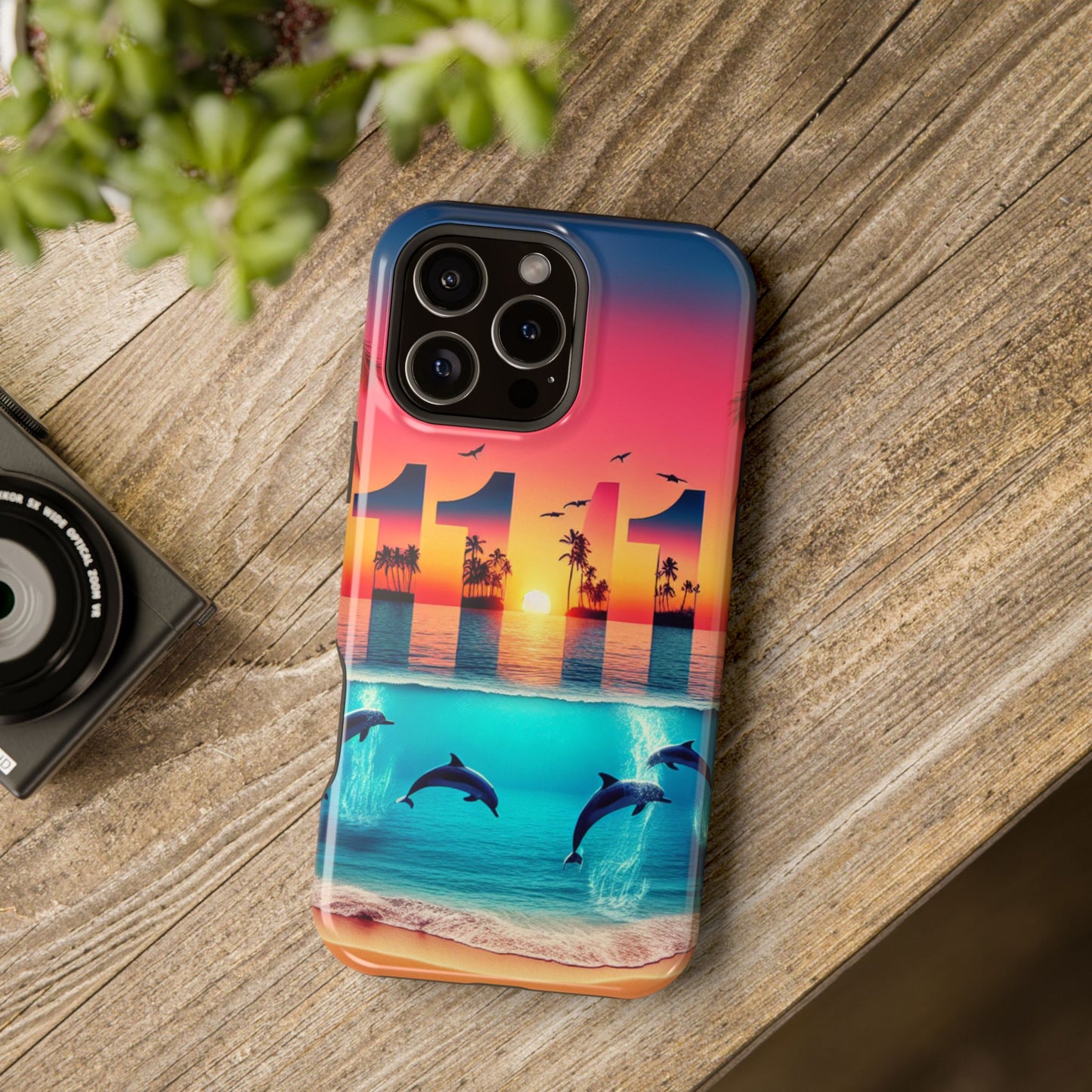 Magnetic Phone Cases, Tropical Sunset Symphony Tough Case for iPhone, Beach Dolphin Sailboat Art, Max Pro 13-16, Paradise Unveiled