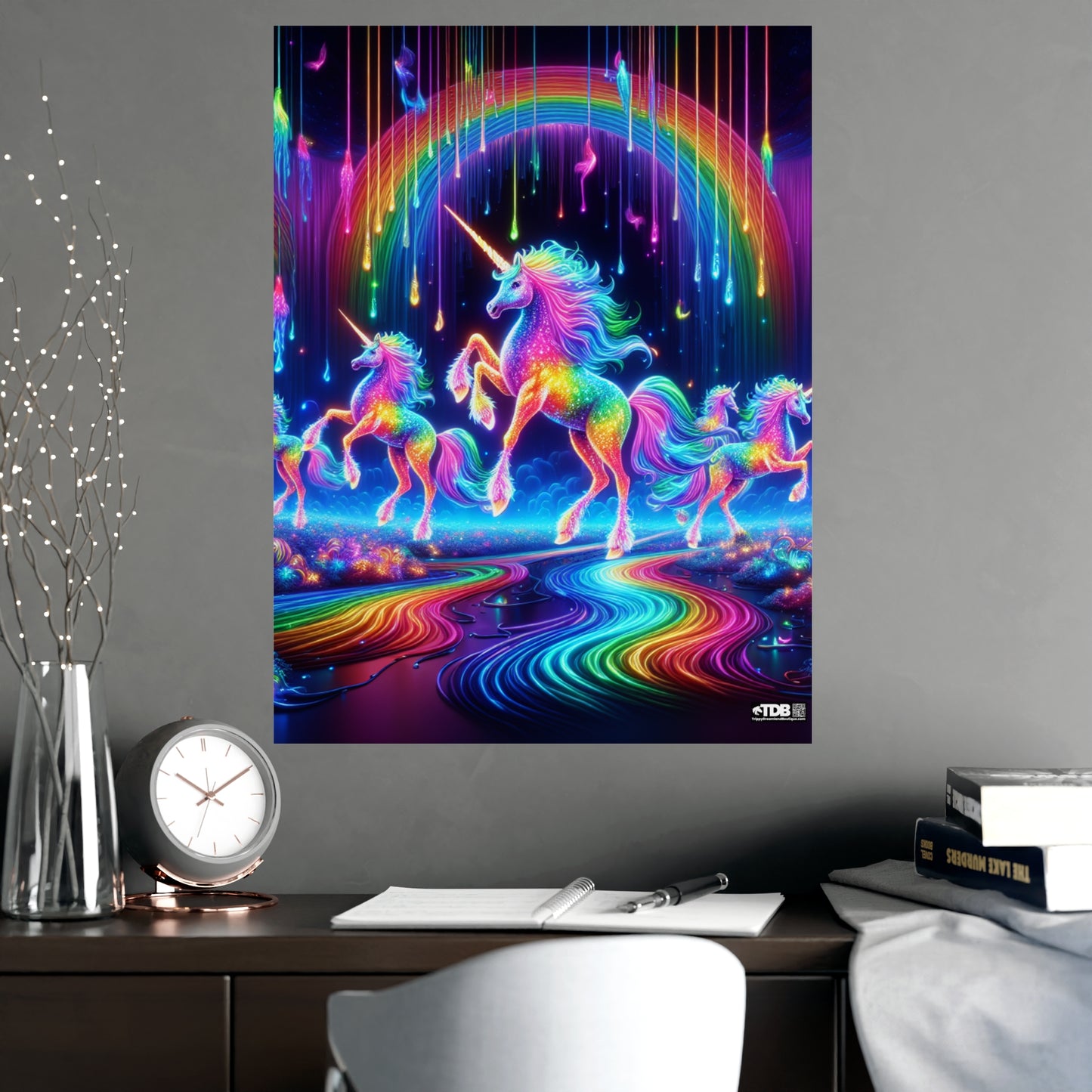 TDB Enchanting NEON Unicorns in Rainbows Vertical and Horizontal Matte Posters