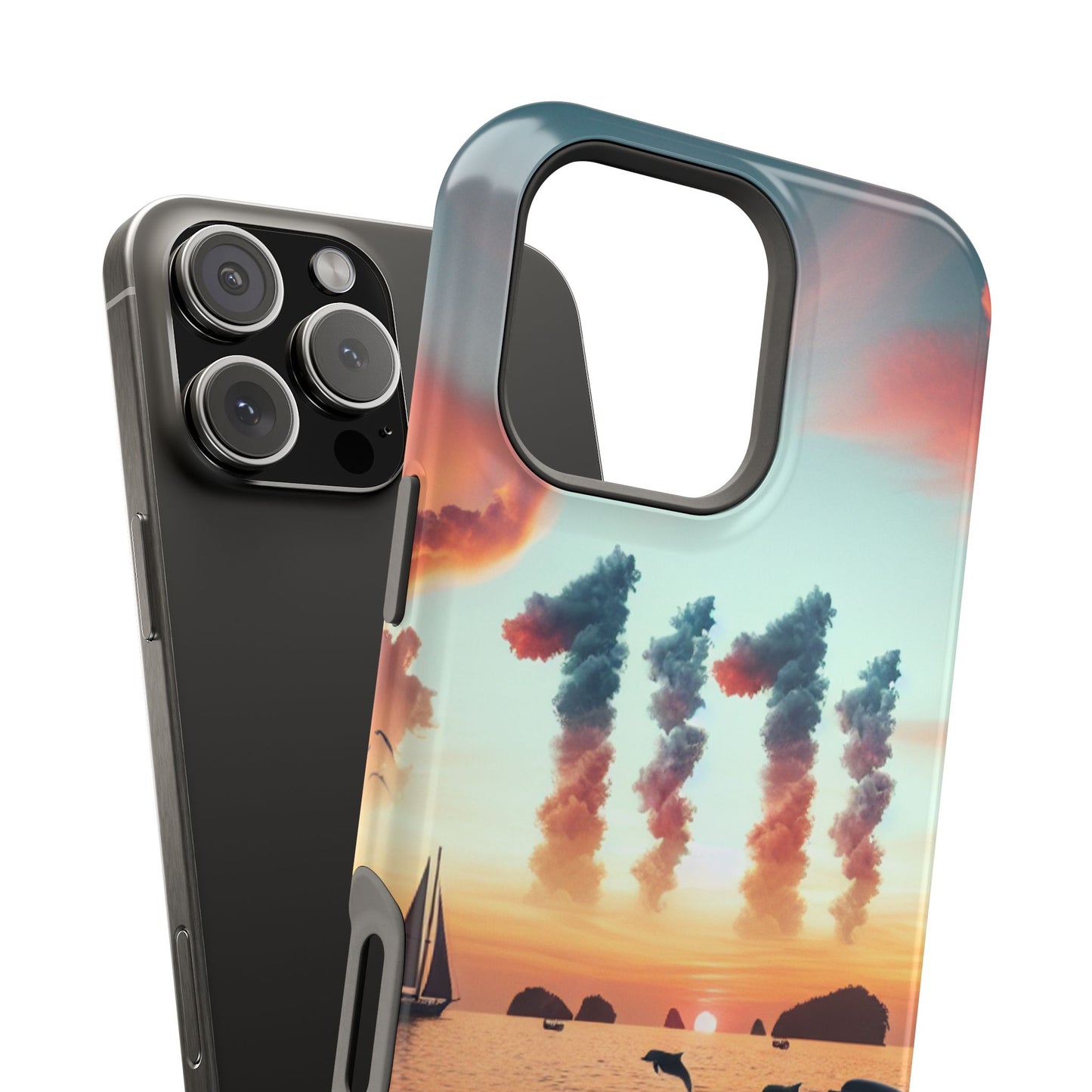 Magnetic Iphone 16 15 14 13 Pro and Max Angel number 1111 in the clouds "Sundrenched Serenity: A Tropical Twilight Symphony" - Tough Phone Case with Tropical Beach Sunset Dolphins ande Sailboats HD Art