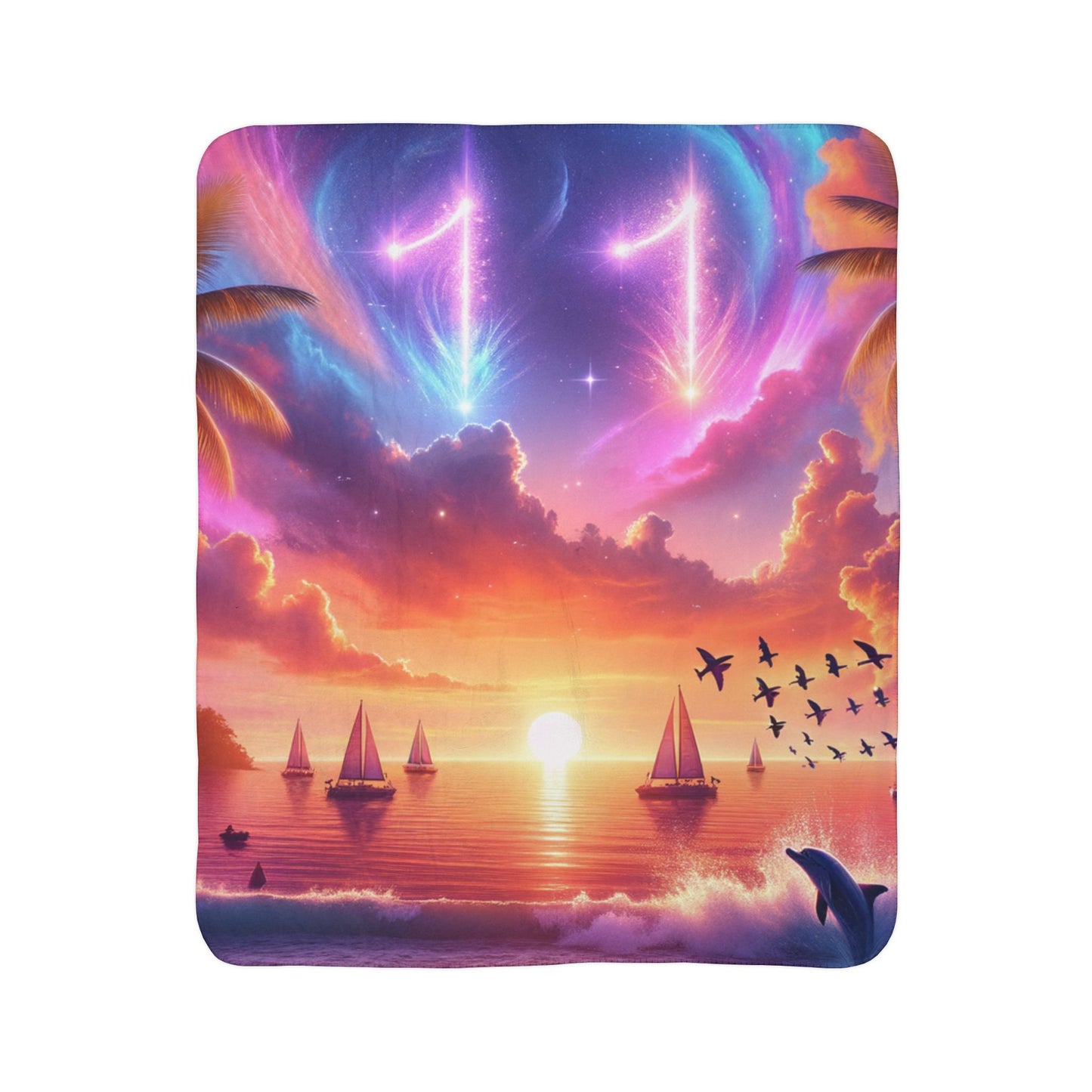 Sherpa Fleece Blanket 1111 "Serene Haven: An 1111 Angelic Sunset Symphony" - with Tropical Beach Sunset, Palm Trees, Dolphins, and Sailboats