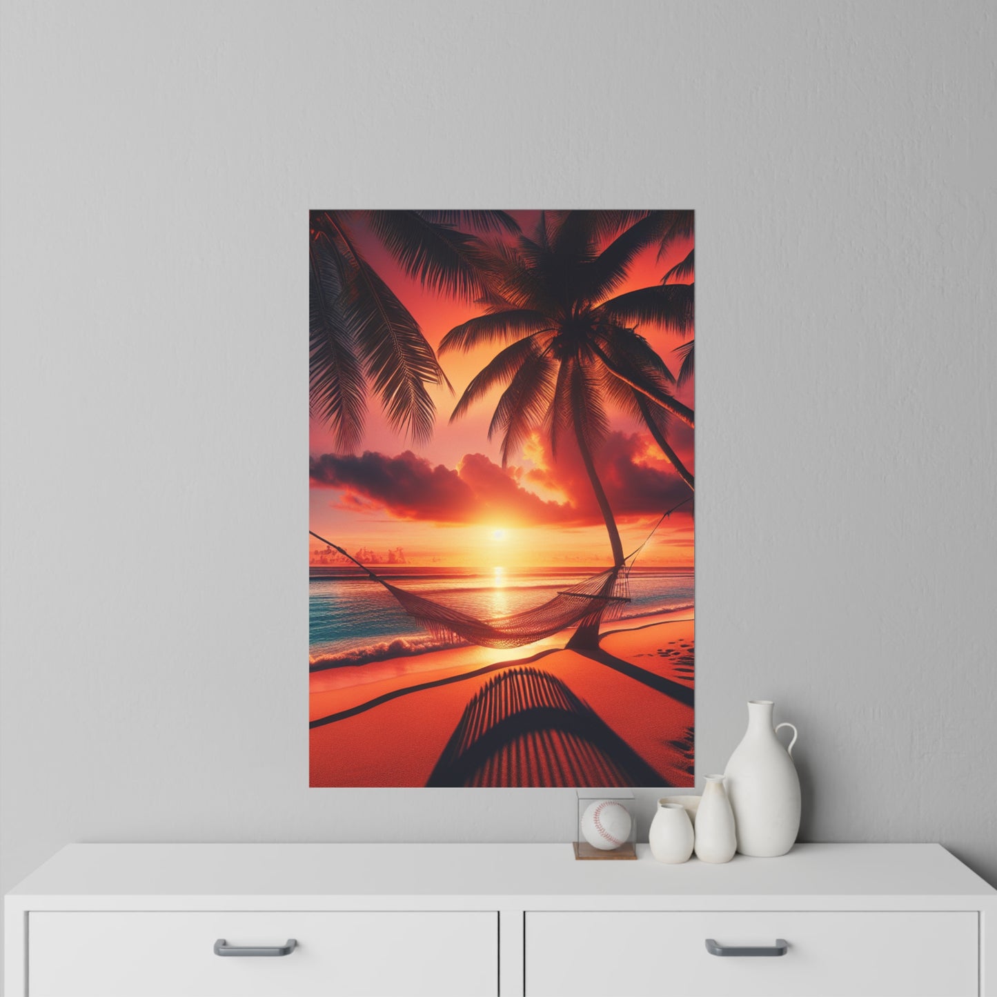 "Tropical Twilight Serenity: An Ode to Palm Paradises" - Tropical Beach at Sunset Repositionanable Wall Art