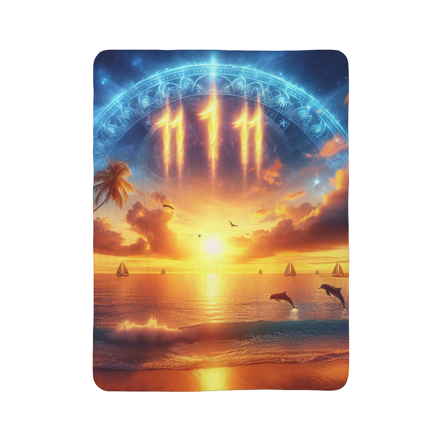 Sherpa Fleece Blanket 1111 "Paradise 1111: Serenity Aglow - A Divine Tropical Oasis" - with Tropical Beach Sunset, Palm Trees, Dolphins, and Sailboats