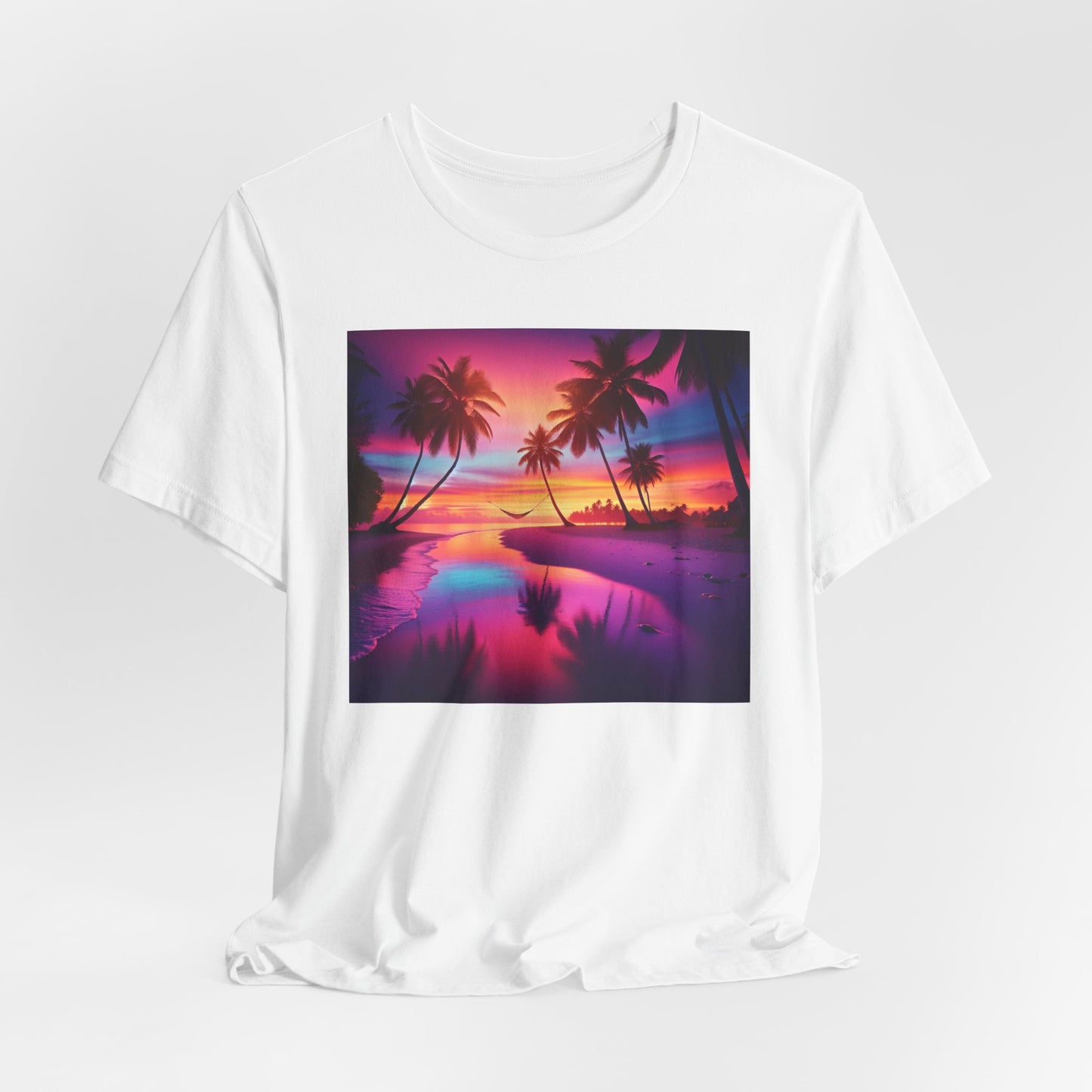 "Serenity Splash: A Tropical Twilight Masterpiece" - Tropical Beach Sunset with Palm Trees Unisex Tee