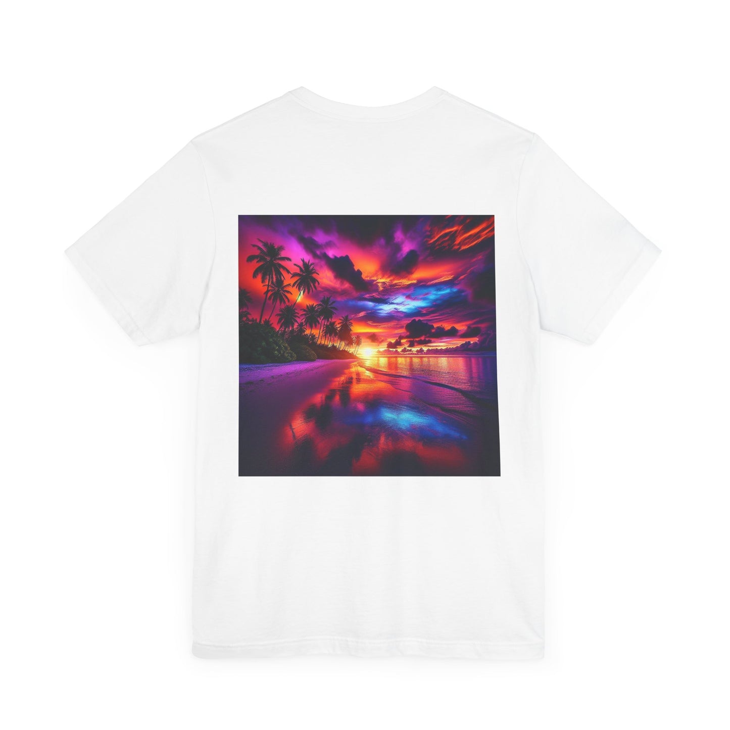 "Paradise Serenity: A Tropical Sunset Symphony" - Tropical Beach Sunset with Palm Trees Unisex Jersey Tee