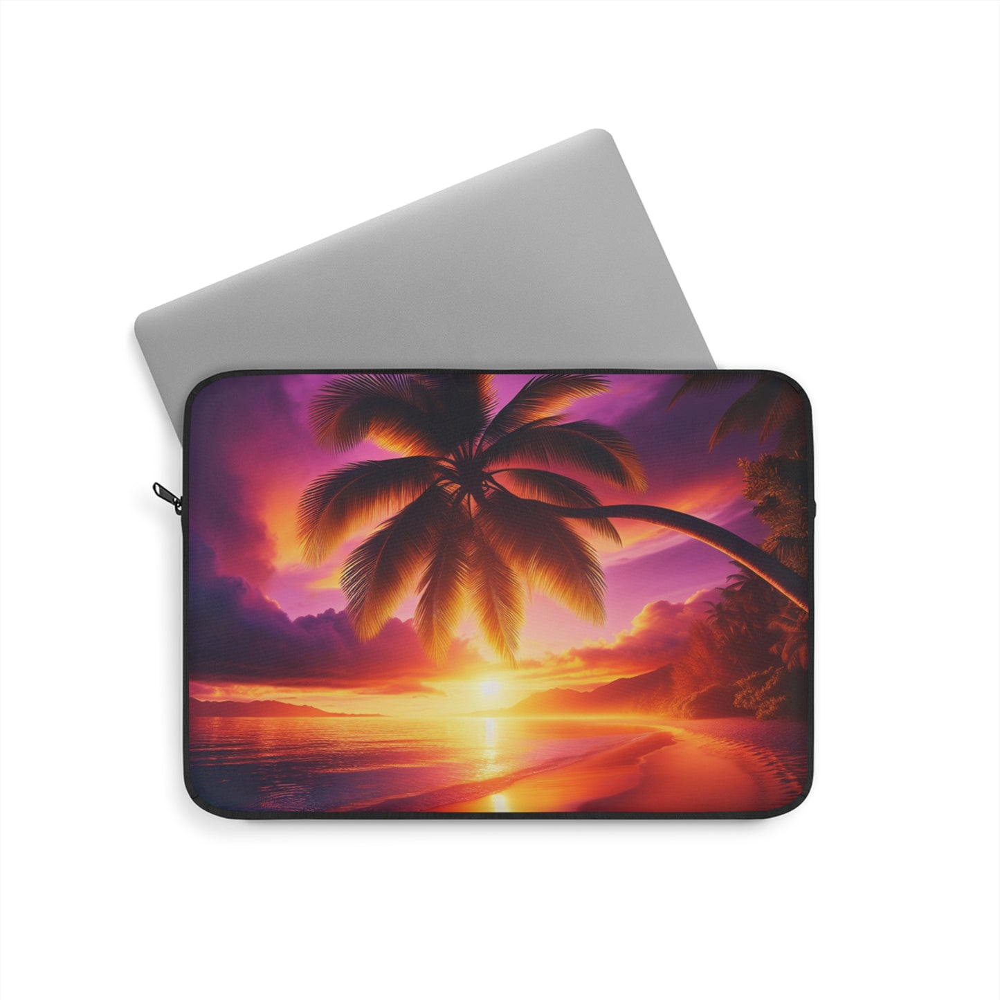 "Serenity Sands: A Tropical Twilight Tapestry" - Laptop Sleeve with Tropical Beach Sunset with Palm Trees Art