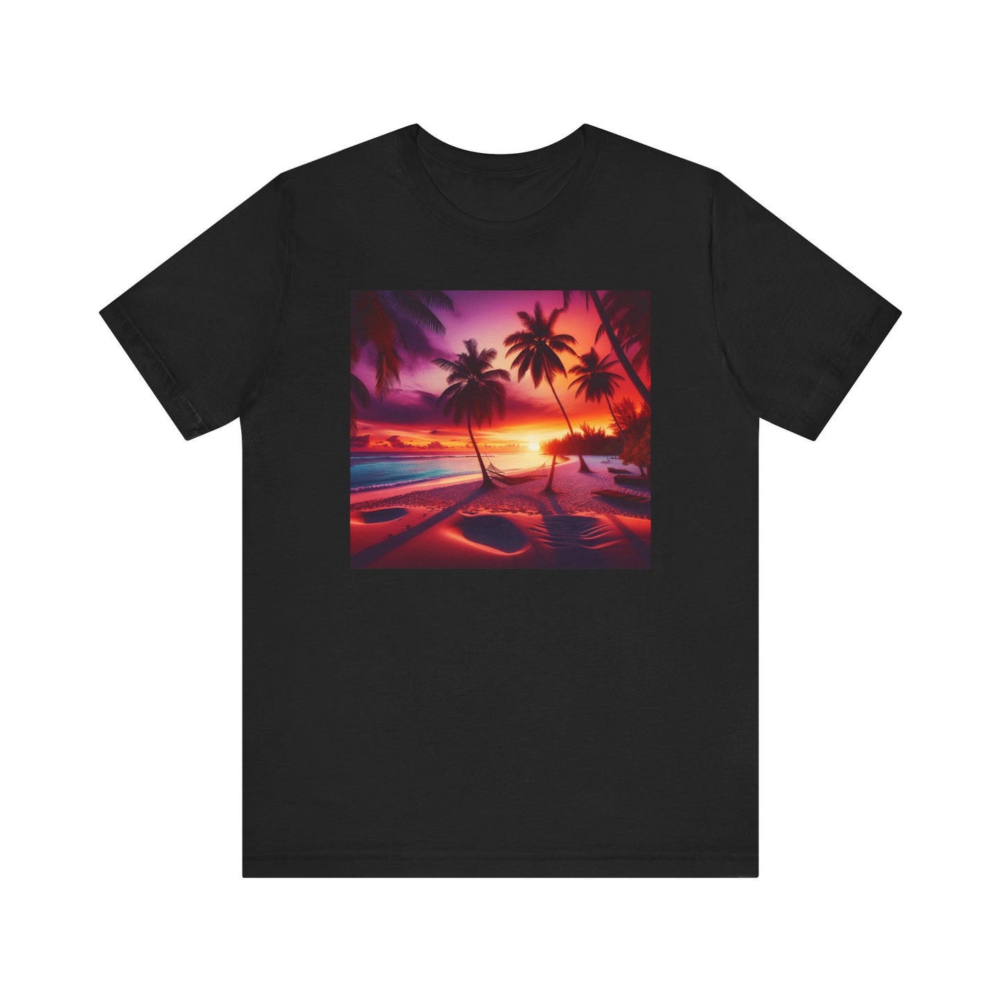"Paradise Dusk: A Tropical Beach Sunset Symphony" - Tropical Beach Sunset with Palm Trees Unisex Jersey T-Shirt