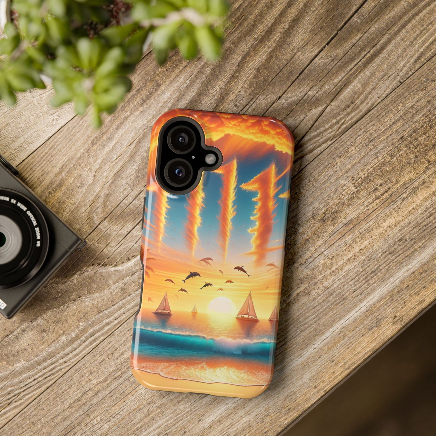 Magnetic Tough Phone case for phone 16 15 14 13 Pro Plus and Max 1111 "Paradise Serenade: Tropical Twilight Symphony" - Tough Phone Case with Tropical Beach Sunset Dolphins ande Sailboats HD Art