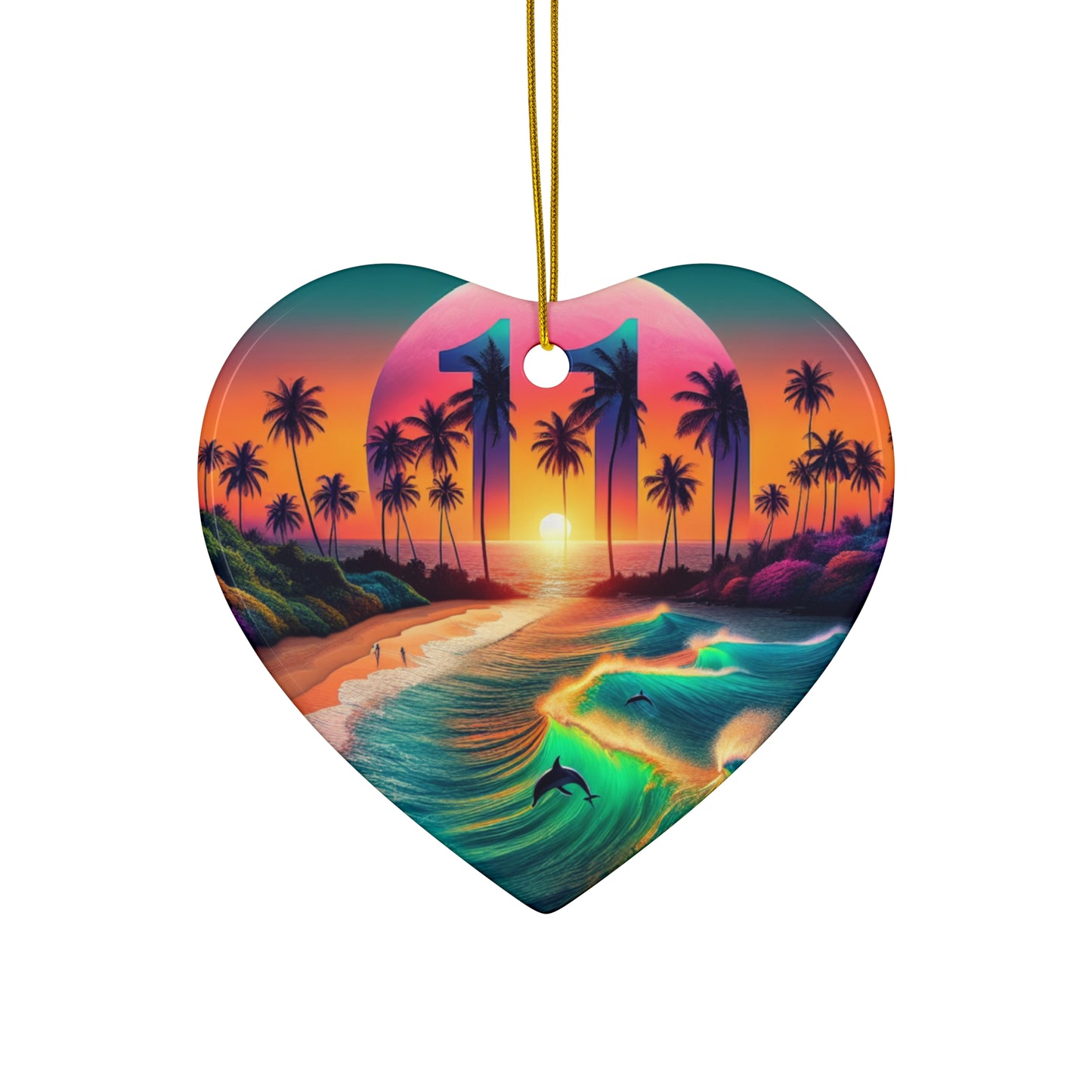 Ceramic Ornament Star, Heart, Snowflake or Circle "Twilight Tranquility: A Tropical Symphony" - Tropical Beach Sunset with Palm Trees