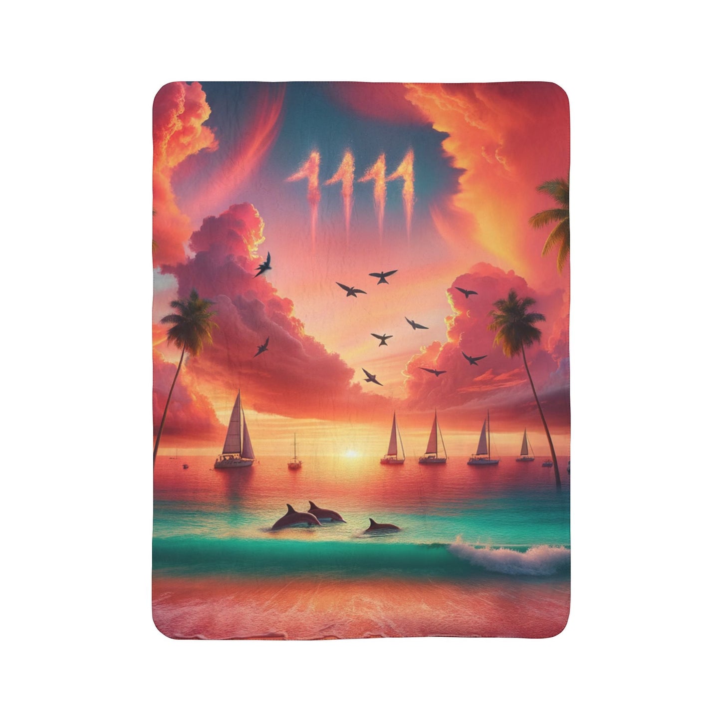 Sherpa Fleece Blanket 1111 "Serenity's Symphony: An 1111 Angelic Escapade" - with Tropical Beach Sunset, Palm Trees, Dolphins, and Sailboats