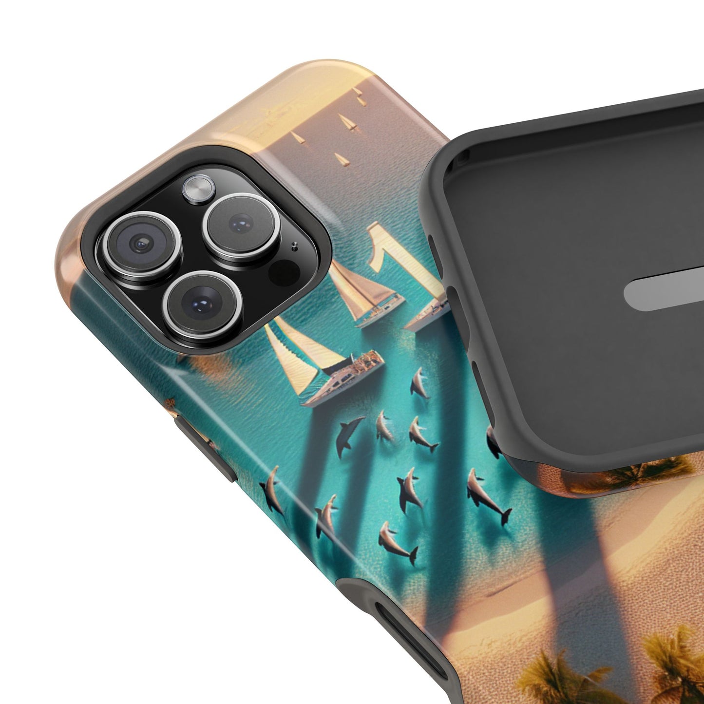 Tough Phone Case, Paradise Unveiled: A Tropical Sunset Symphony, Magnetic Iphone 13-16 Pro Plus and Max 1111, Beach Dolphins Sailboats, HD