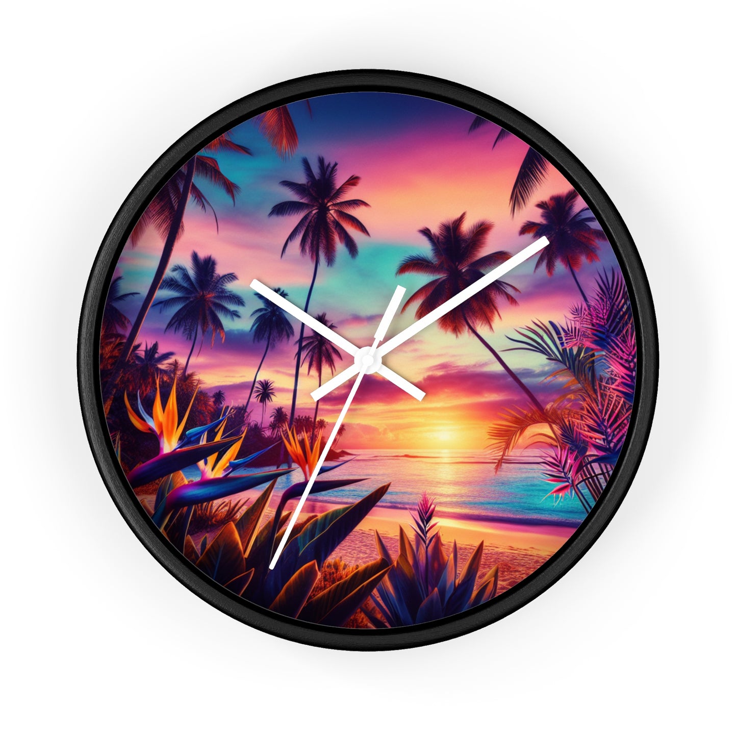 "Paradise Dusk: A Tropical Serenade" - Tropical Beach at Sunset 10" Wall Art Clock