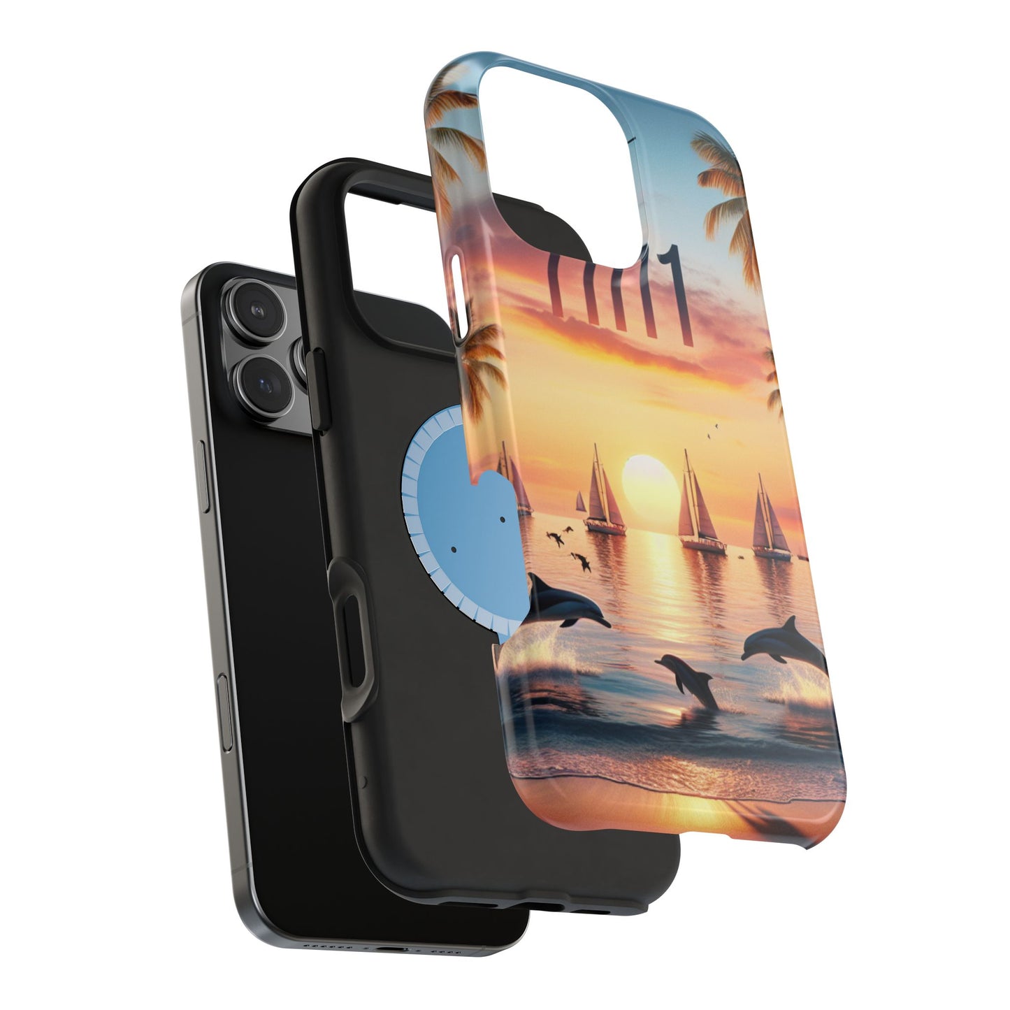 Magnetic Tough Phone case for phone 16 15 14 13 Pro Plus and Max 1111 "Sundrenched Solitude: A Tropical Twilight Tapestry" - Tough Phone Case with Tropical Beach Sunset Dolphins ande Sailboats HD Art