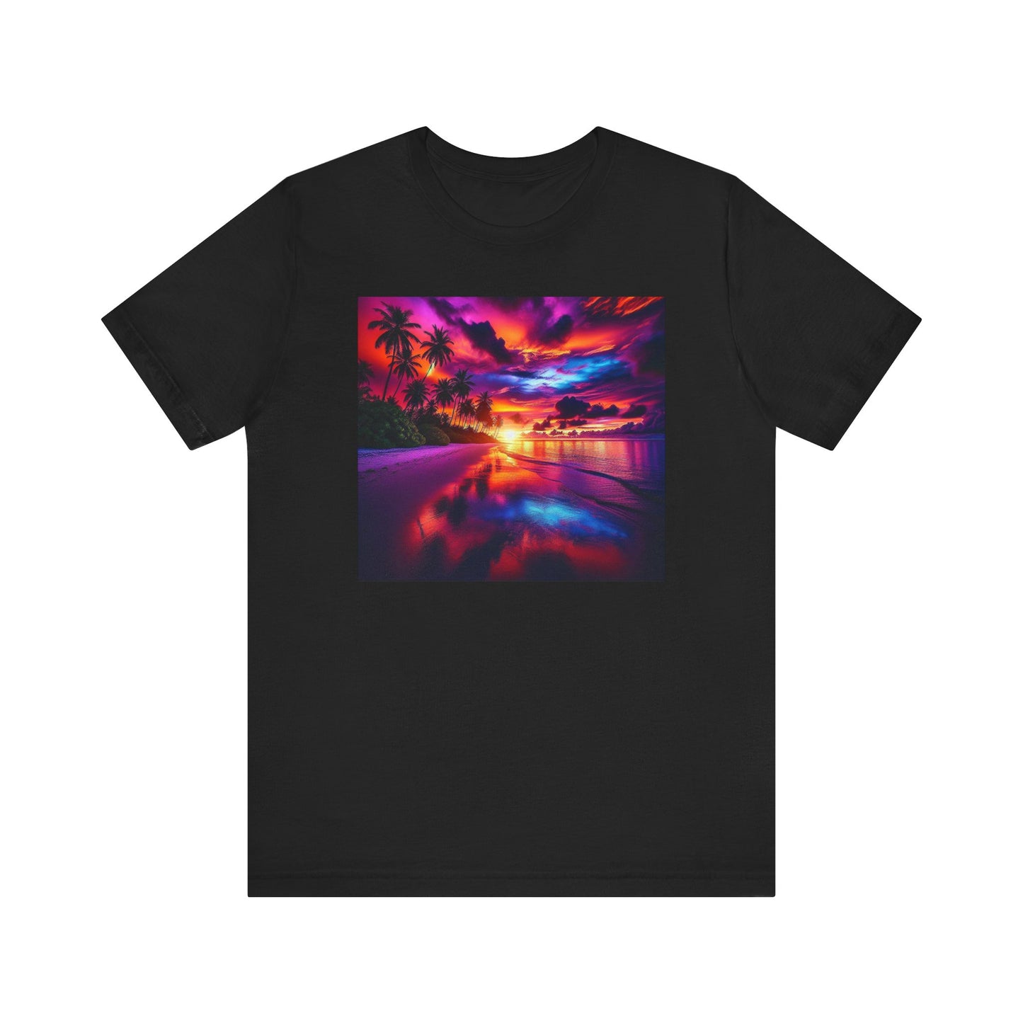 "Paradise Serenity: A Tropical Sunset Symphony" - Tropical Beach Sunset with Palm Trees Unisex Jersey Tee