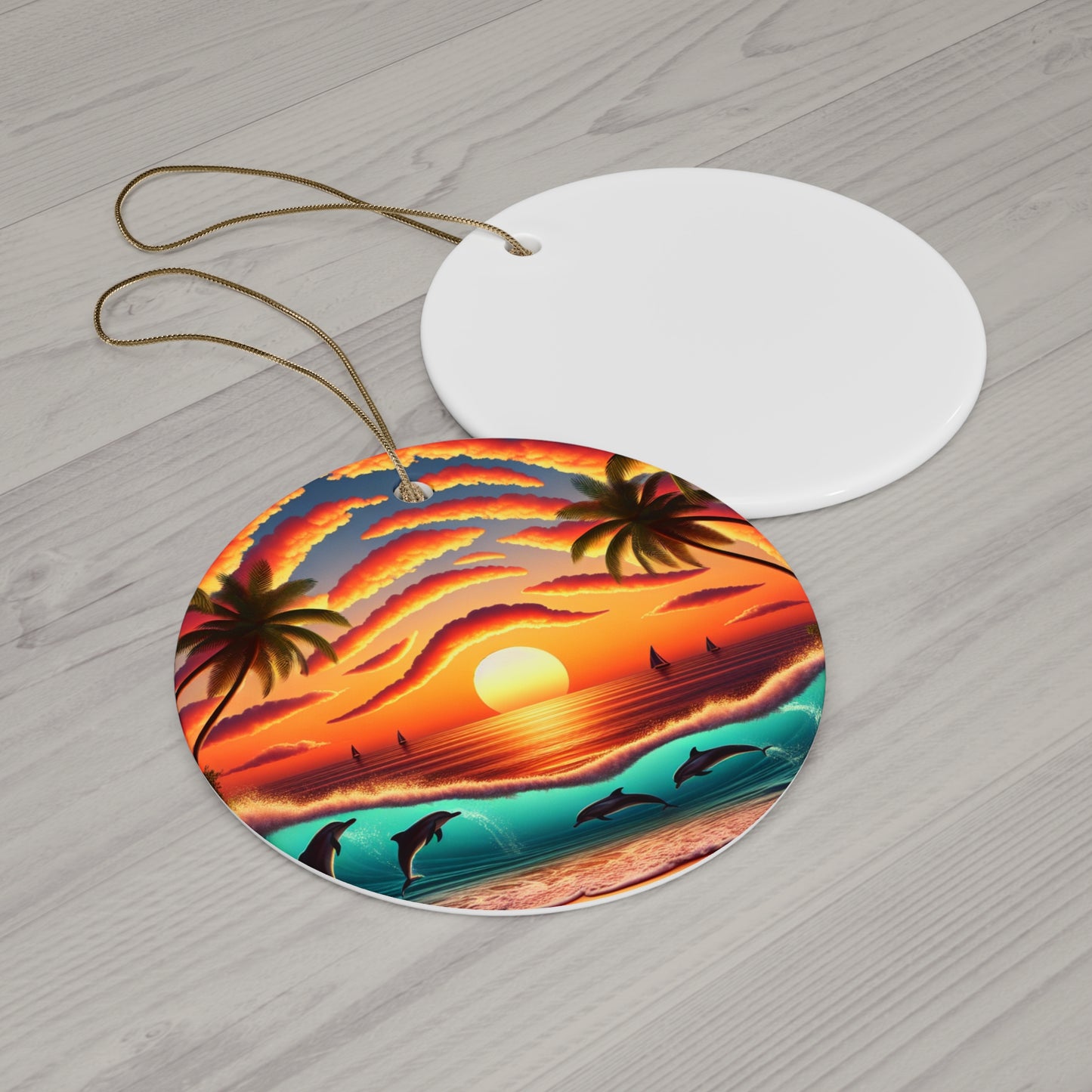 Ceramic Ornament, Tropical Beach Sunset, Star Heart Snowflake Circle, Paradise Embrace, Dolphins Sailboats Palm Trees, Christmas Tree
