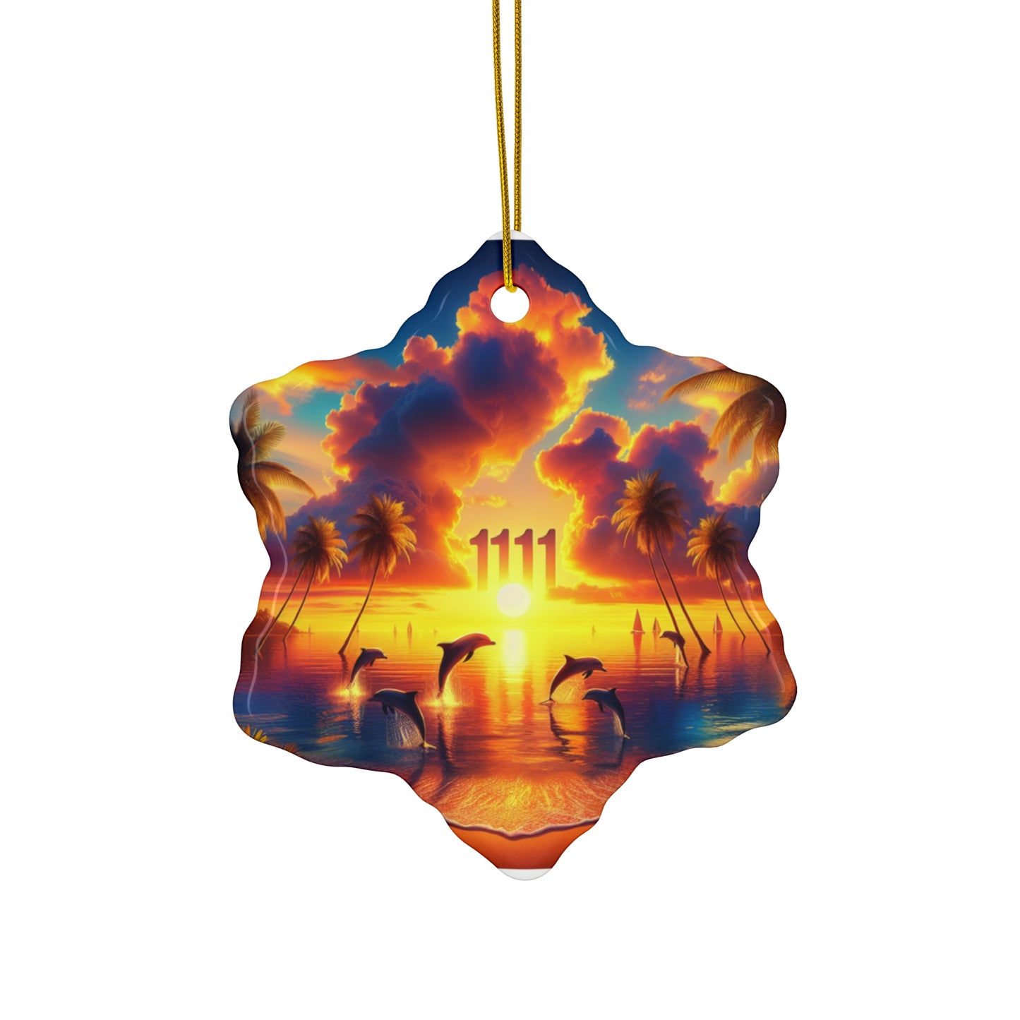 Ceramic Ornament Star, Heart, Snowflake or Circle 1111 "Paradise Serenity: Tropical Sunset Escape" - Tropical Beach Sunset with Palm Trees, Dolphins, and Sailboats