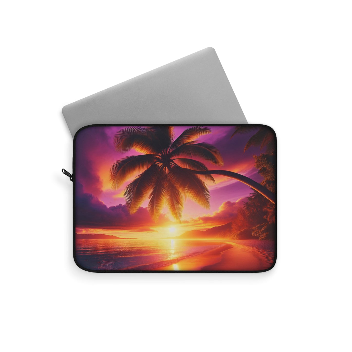 "Serenity Sands: A Tropical Twilight Tapestry" - Laptop Sleeve with Tropical Beach Sunset with Palm Trees Art