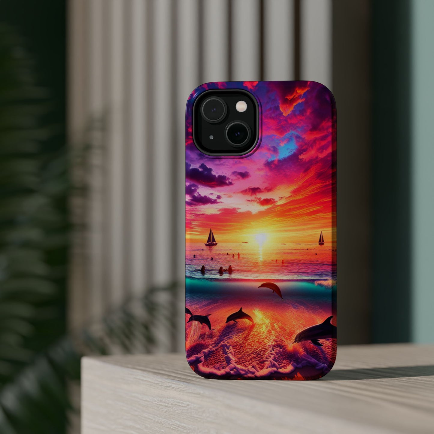 Magnetic Tough Phone case for phone 16 15 14 13 1111 "Paradise Dusk: An Enchanting Tropical Display" - Tough Phone Case with Tropical Beach Sunset Dolphins ande Sailboats HD Art