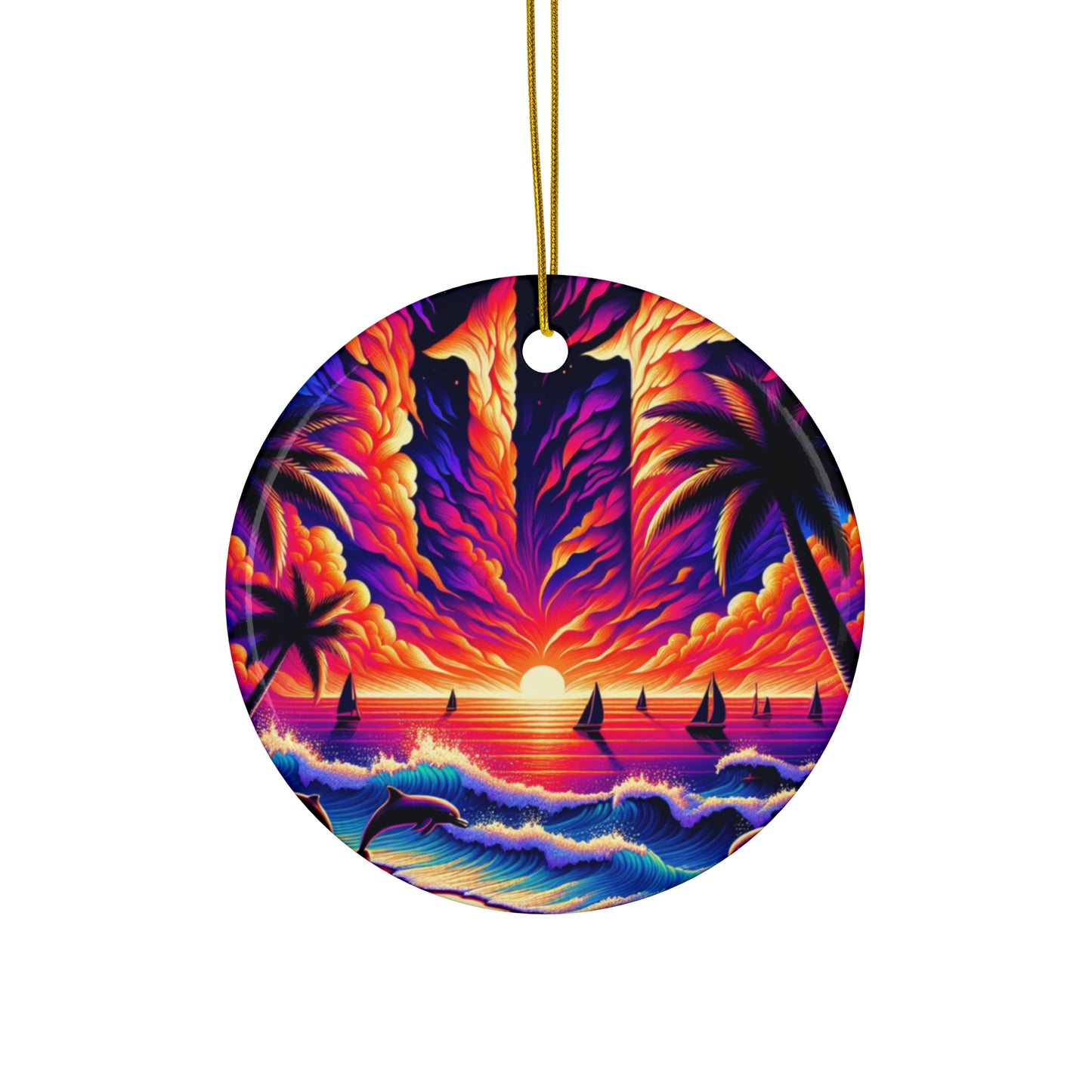 Ceramic Ornament Star, Heart, Snowflake or Circle 1111 "Paradise Serenade: Tropical Twilight Symphony" - Tropical Beach Sunset with Palm Trees, Dolphins, and Sailboats