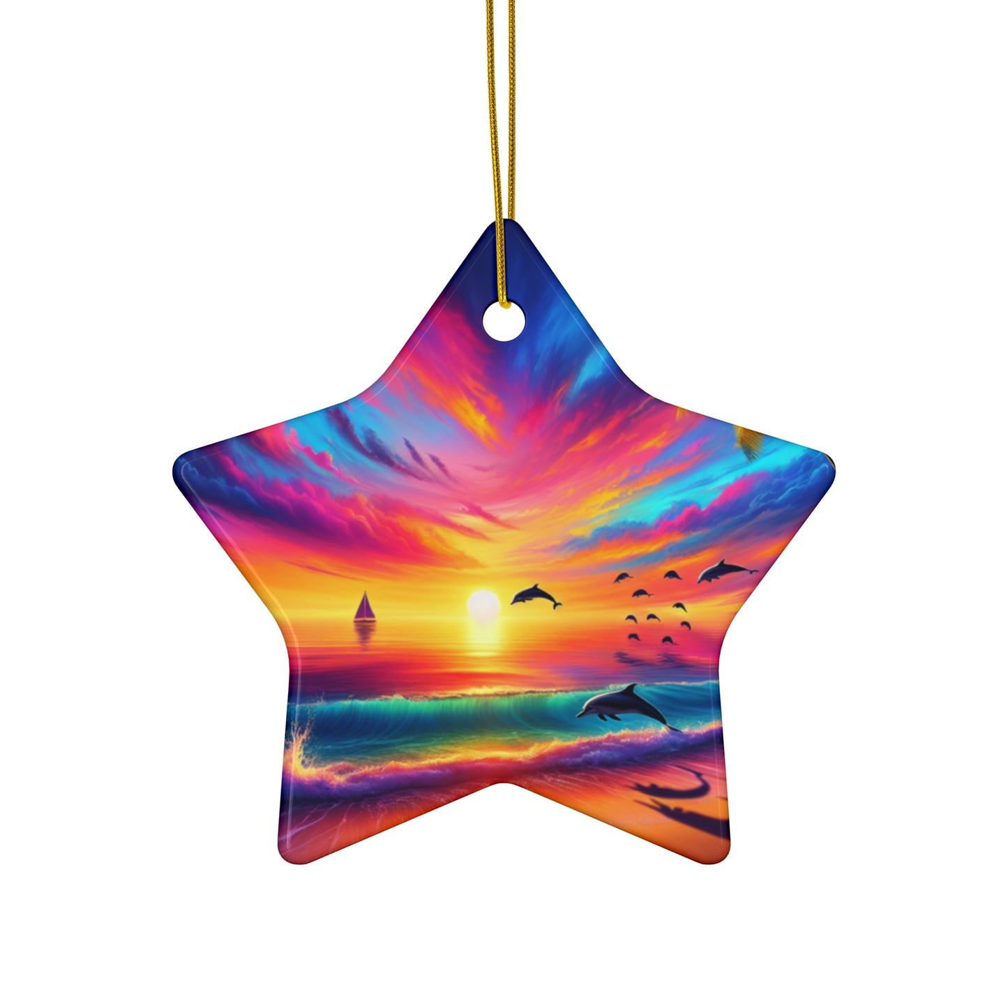 Ceramic Ornament - Tropical Beach Sunset Star, Heart, Snowflake, Circle, Dolphins, Sailboats - Holiday Christmas Tree Decoration, Gift for