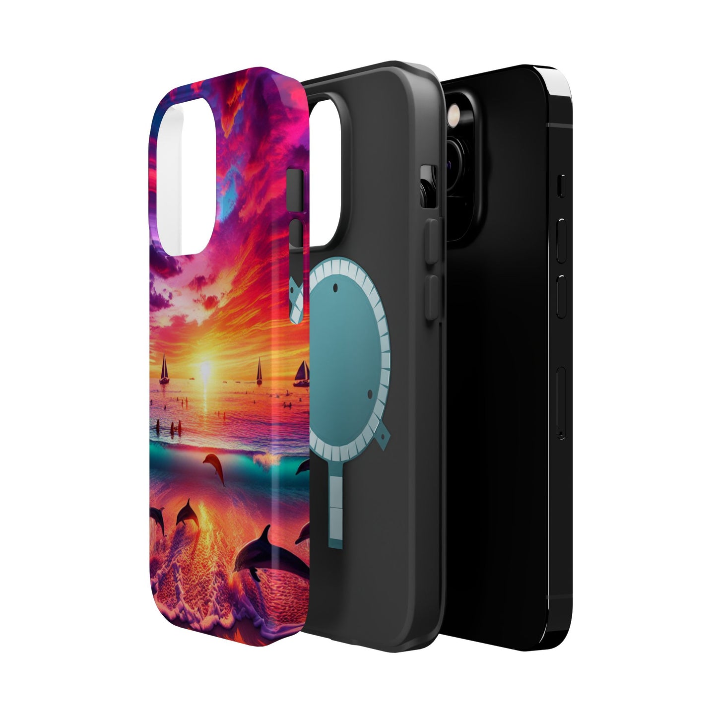 Magnetic Tough Phone case for phone 16 15 14 13 1111 "Paradise Dusk: An Enchanting Tropical Display" - Tough Phone Case with Tropical Beach Sunset Dolphins ande Sailboats HD Art