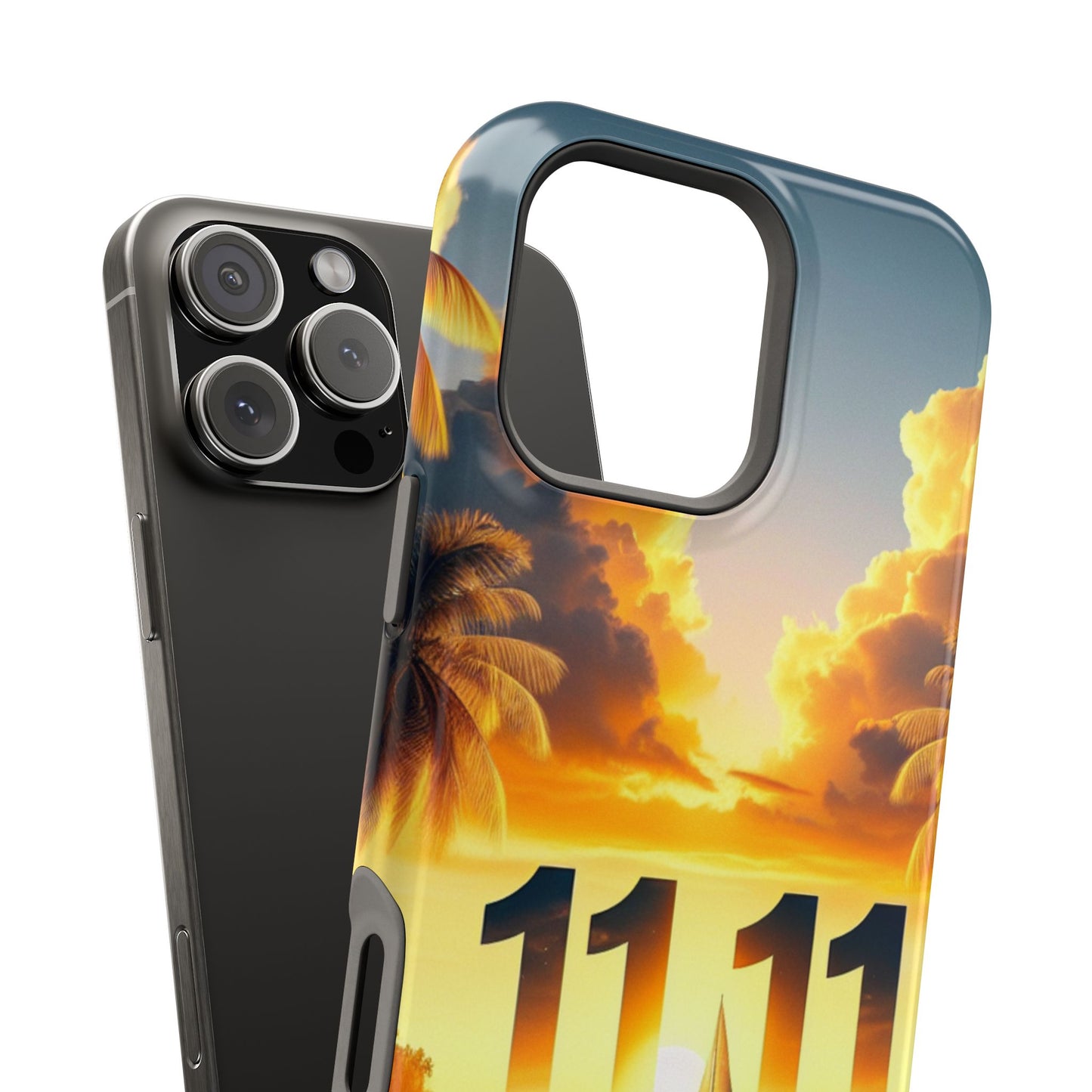 Magnetic Iphone 16 15 14 13 Pro and Max 1111 "Paradise Sunset: An Enchanted Tropical Reverie" - Tough Phone Case with Tropical Beach Sunset Dolphins ande Sailboats HD Art