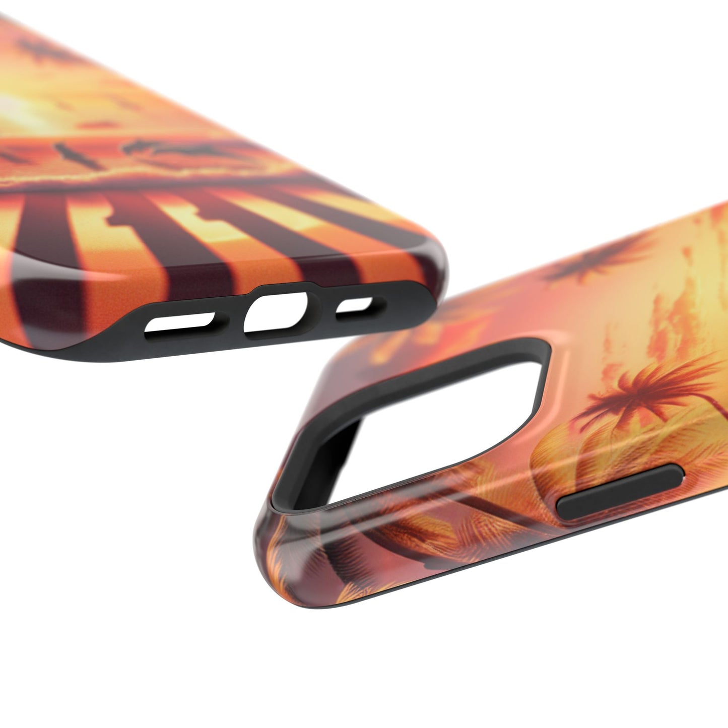 Magnetic Iphone 16 15 14 13 Pro and Max Angel number 1111 in the sand "Serenity At Dusk: Tropical Beach Euphoria" - Tough Phone Case with Tropical Beach Sunset Dolphins ande Sailboats HD Art