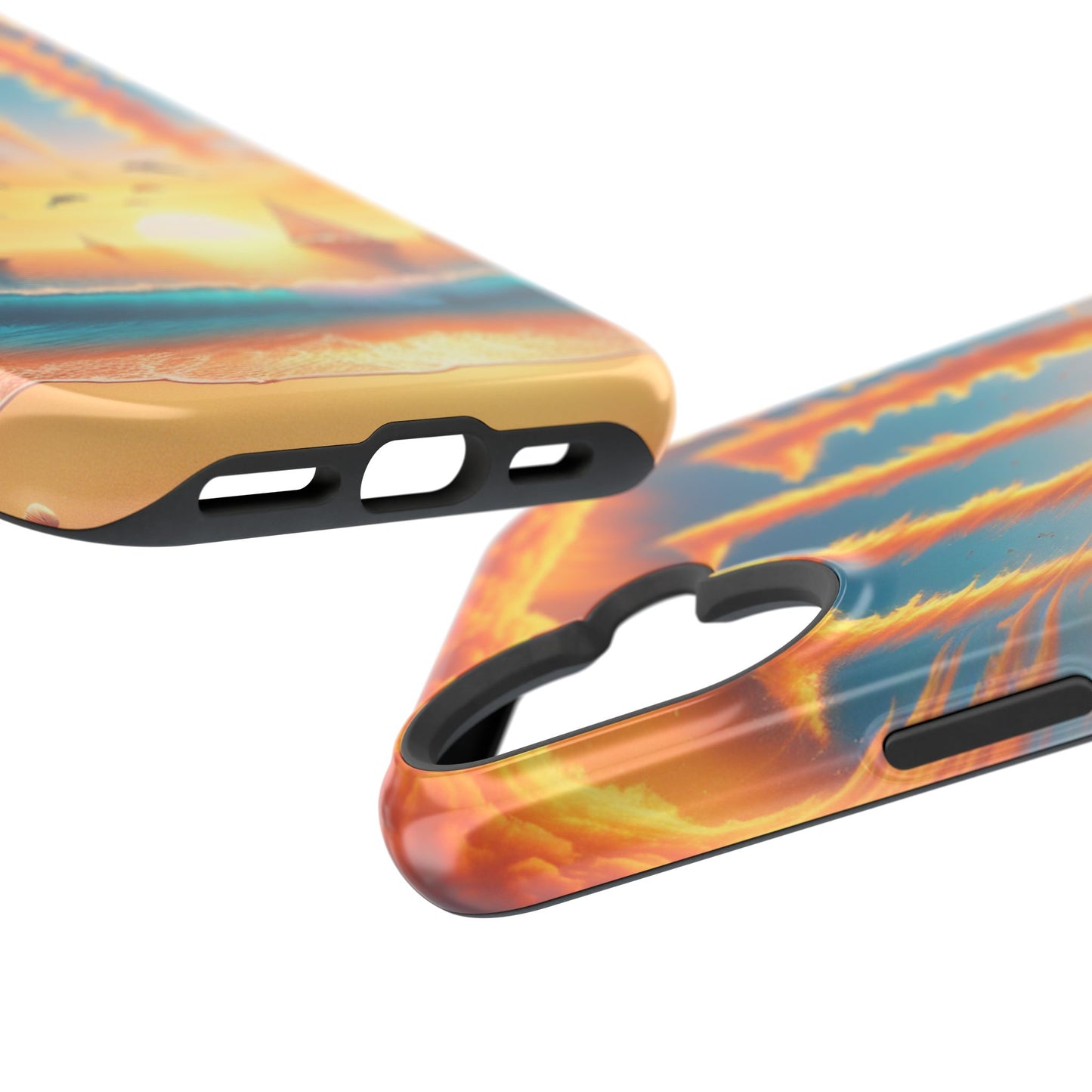 Magnetic Tough Phone case for phone 16 15 14 13 Pro Plus and Max 1111 "Paradise Serenade: Tropical Twilight Symphony" - Tough Phone Case with Tropical Beach Sunset Dolphins ande Sailboats HD Art