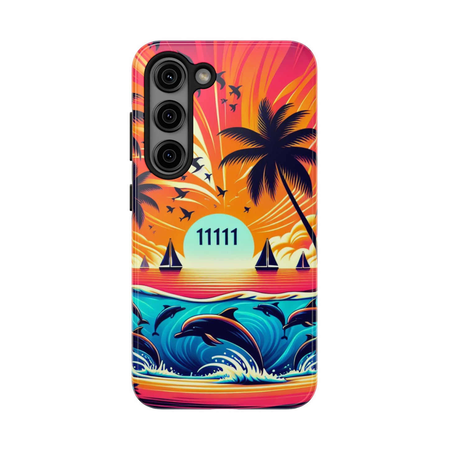 Samsung Galaxy S24 S23 S22 S21 Tough Phone Case "Paradise Serenity: Tropical Twilight" - 1111 Tropical Beach Palm Trees, Dolphins, and Sailboats Art